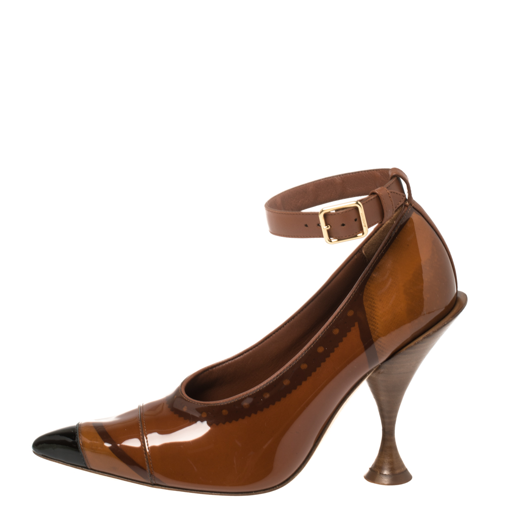 

Burberry Brown PVC And Patent 'Evan' Pointed Toe Ankle Strap Pumps Size