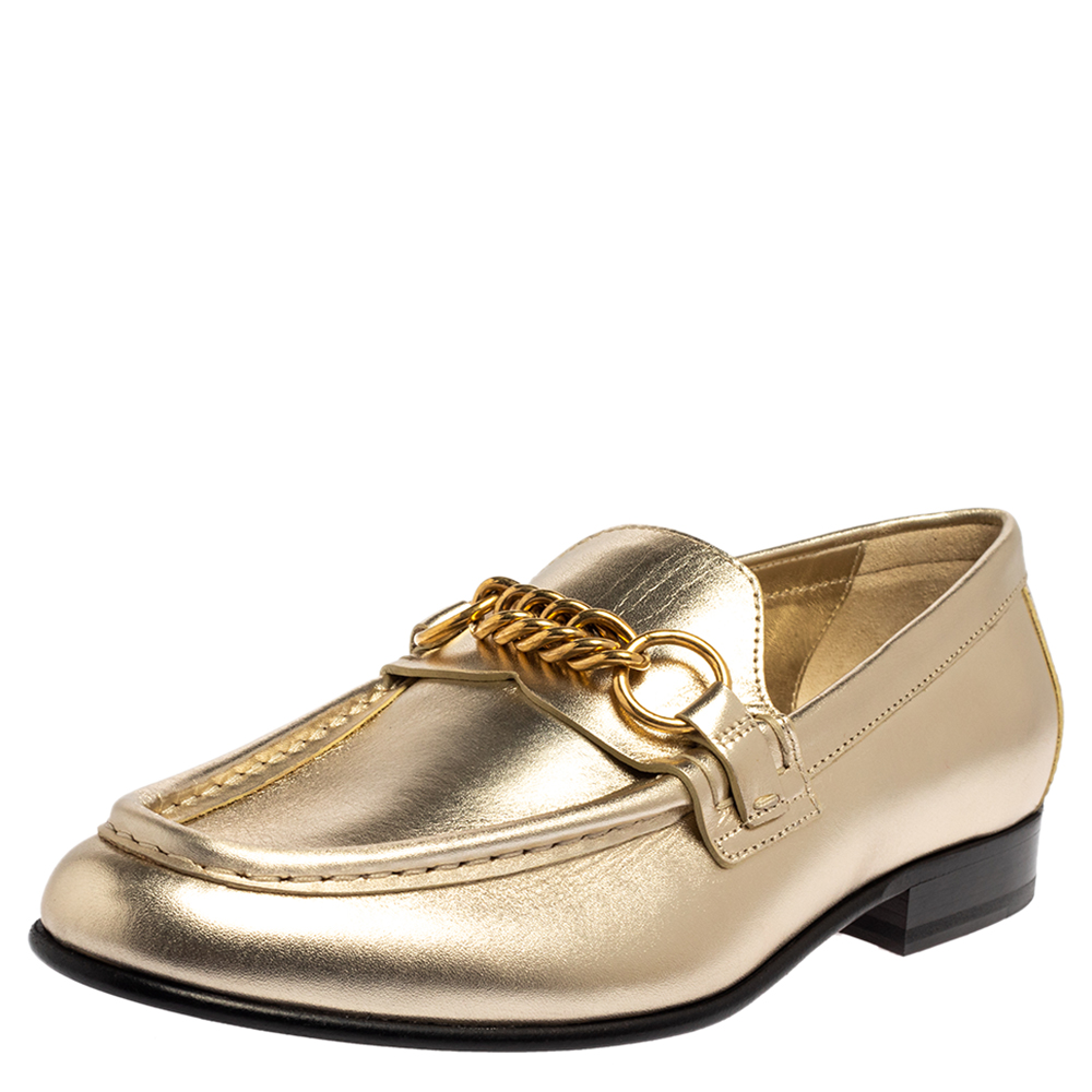 Pre-owned Burberry Light Gold Leather Solway Chain Detail Slip On Loafers Size 38.5