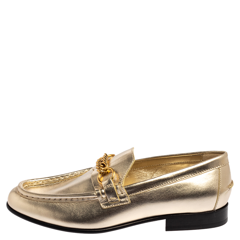 

Burberry Light Gold Leather Solway Chain Detail Slip on Loafers Size