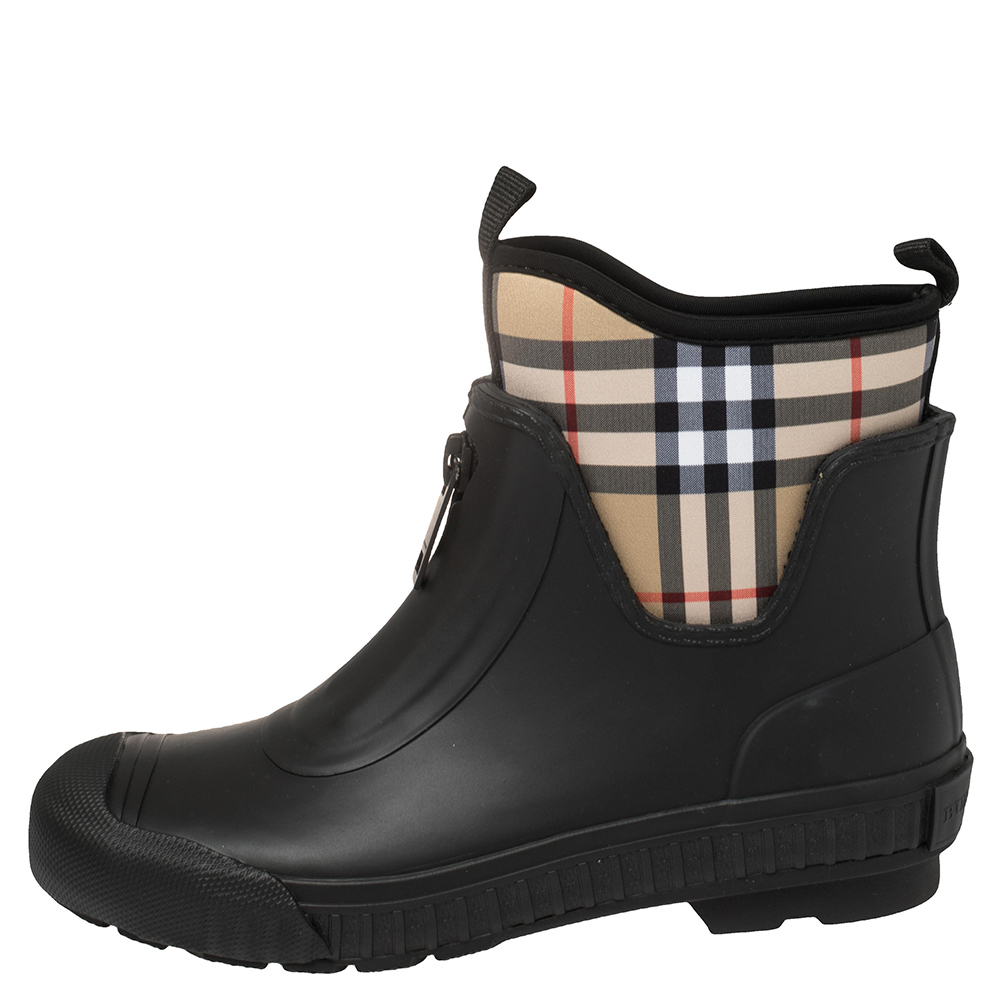 

Burberry Black/Beige Vintage Check Neoprene and Rubber Flinton Rain Boots Size