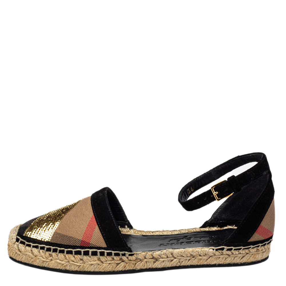 

Burberry Beige House Check Canvas And Sequins Abbingdon Espadrille Flats Size