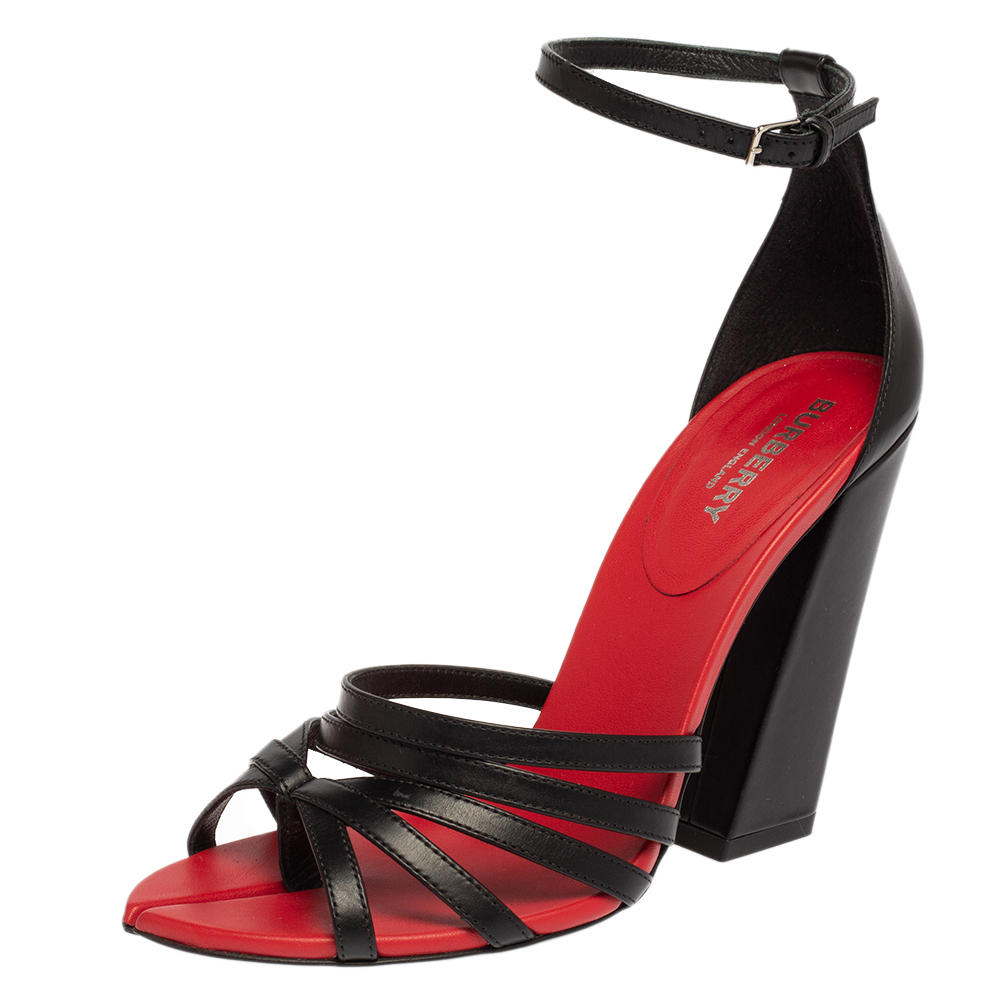 

Burberry Black/Red Leather Hove Heel Ankle Strap Sandals Size