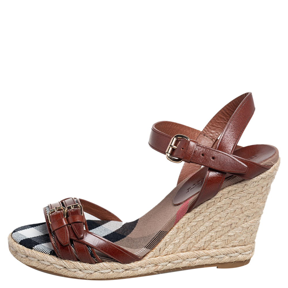 

Burberry Brow Leather Buckle Detail Open Toe Espadrille Wedge Sandals Size, Brown