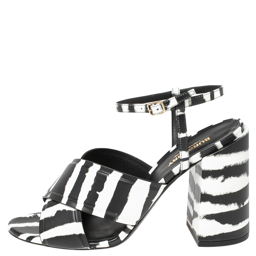 

Burberry Black/White Leather Castlebar Ankle Strap Sandals Size