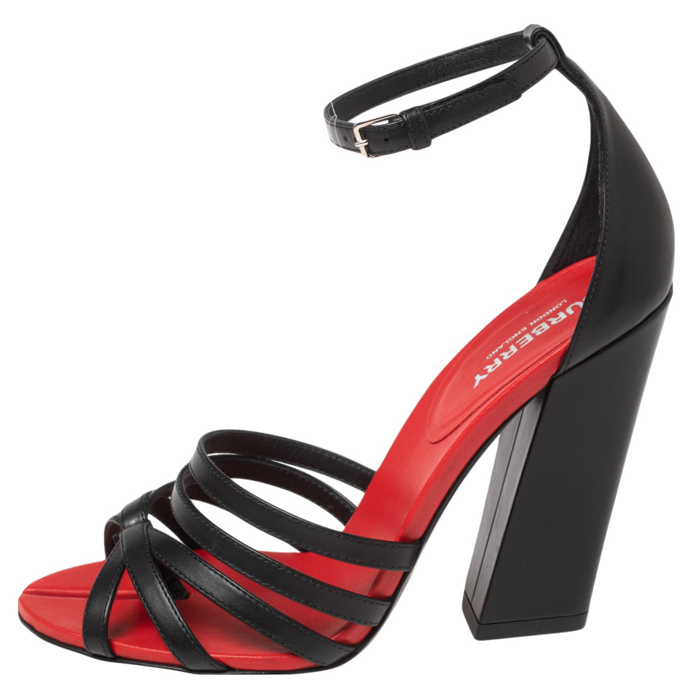 

Burberry Black/Red Leather Hove Heel Ankle Strap Sandals Size