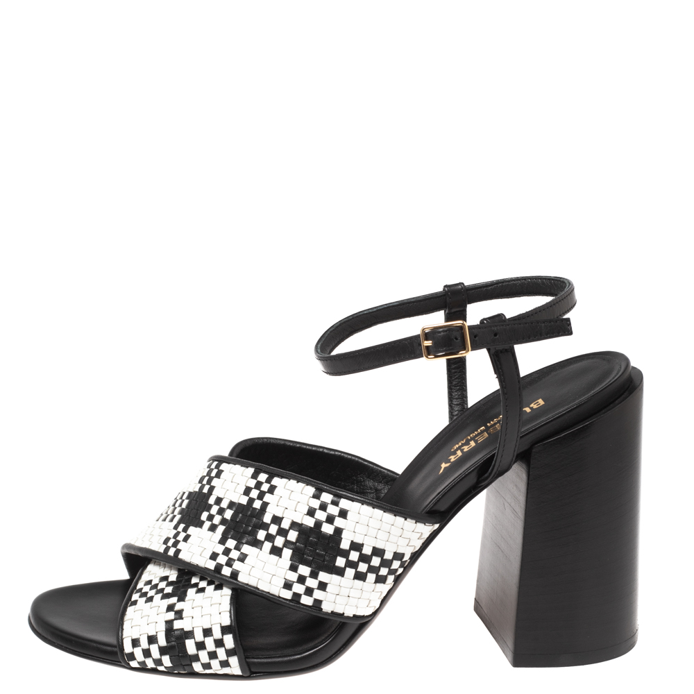 

Burberry Black/White Woven Leather Castlebar Ankle Strap Sandals Size