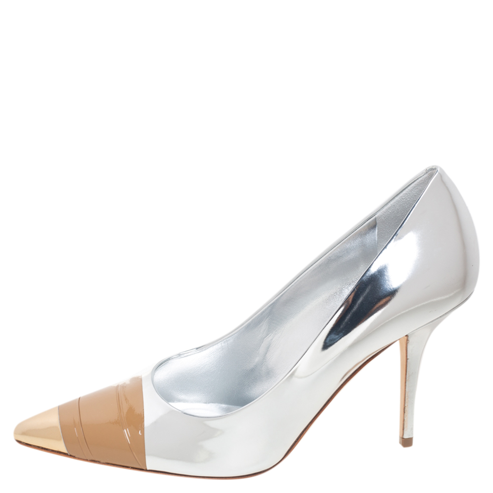 

Burberry SIlver/Brown Mirrored Leather Annalise Pumps Size