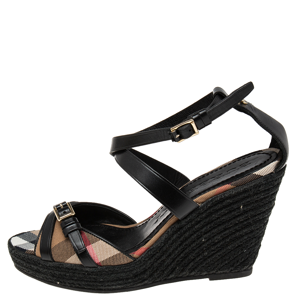 

Burberry Black/Brown Leather and House Check Canvas Espadrille Wedge Ankle-Strap Sandals Size