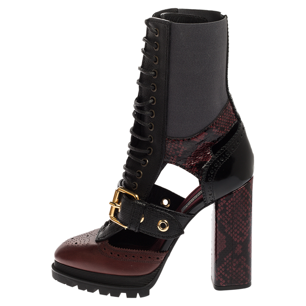 

Burberry Black/Burgundy Leather And Snakeskin Water Marsh Ankle Boots Size