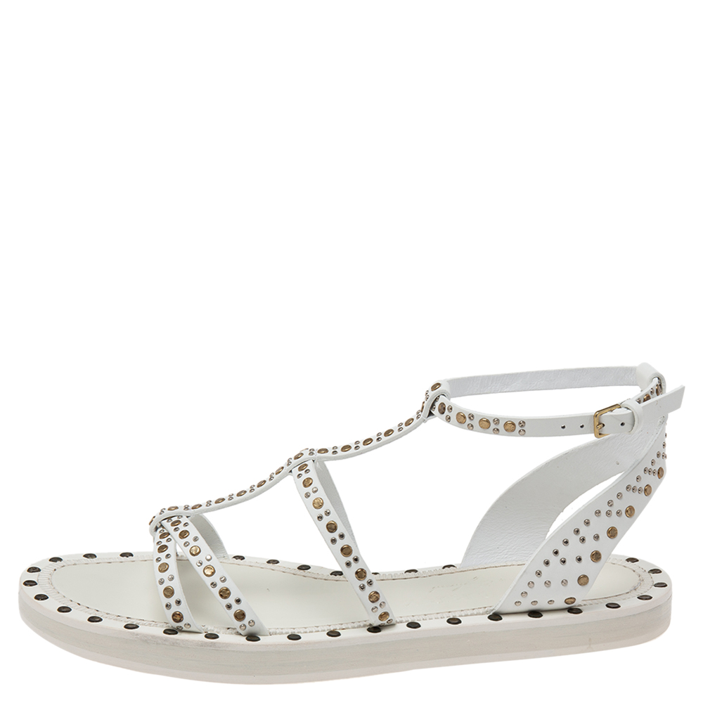 

Burberry White Studded Leather Hansel T-Strap Flat Sandals Size