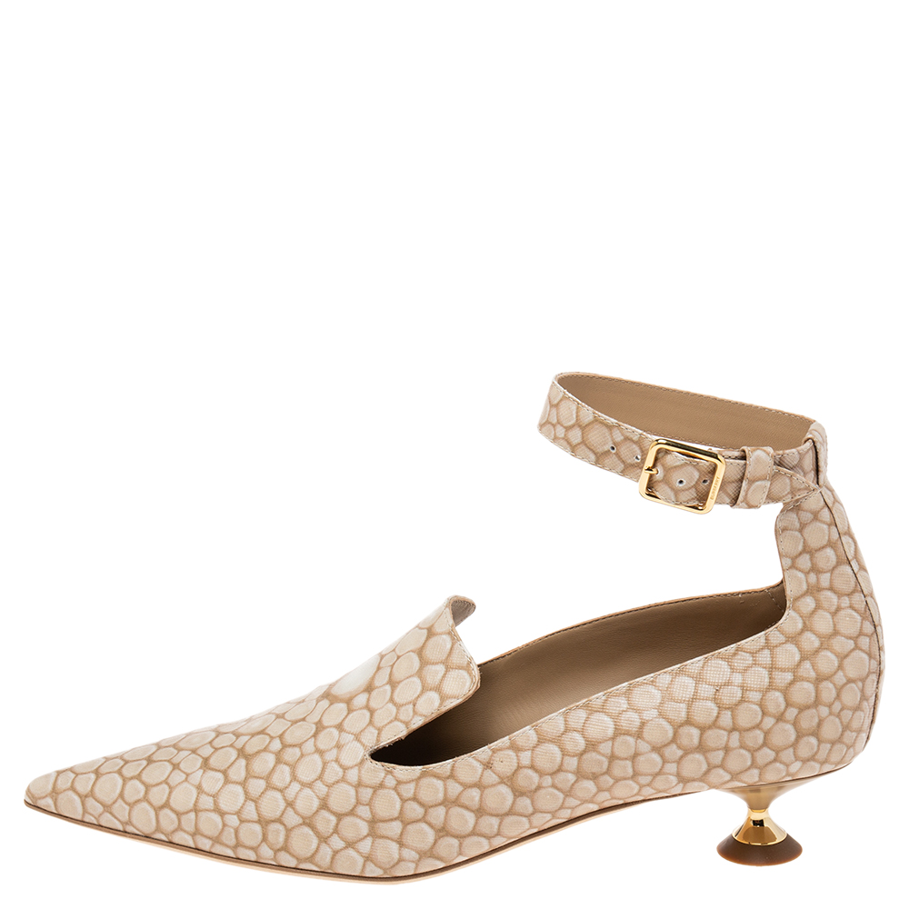 

Burberry Beige Printed Leather Kitten Heel 35 Ankle Strap Pumps Size