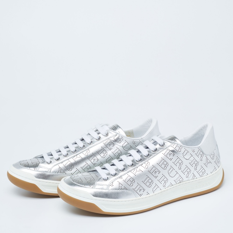 

Burberry Metallic Silver Perforated Leather Timsbury Low Top Sneakers Size