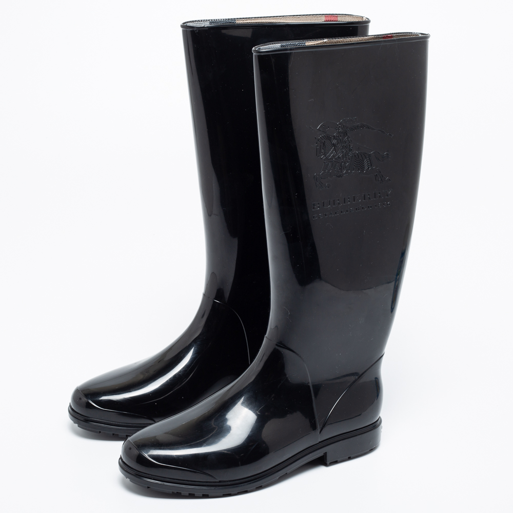 

Burberry Black Rubber Equestrian Knight Rain Boots Size
