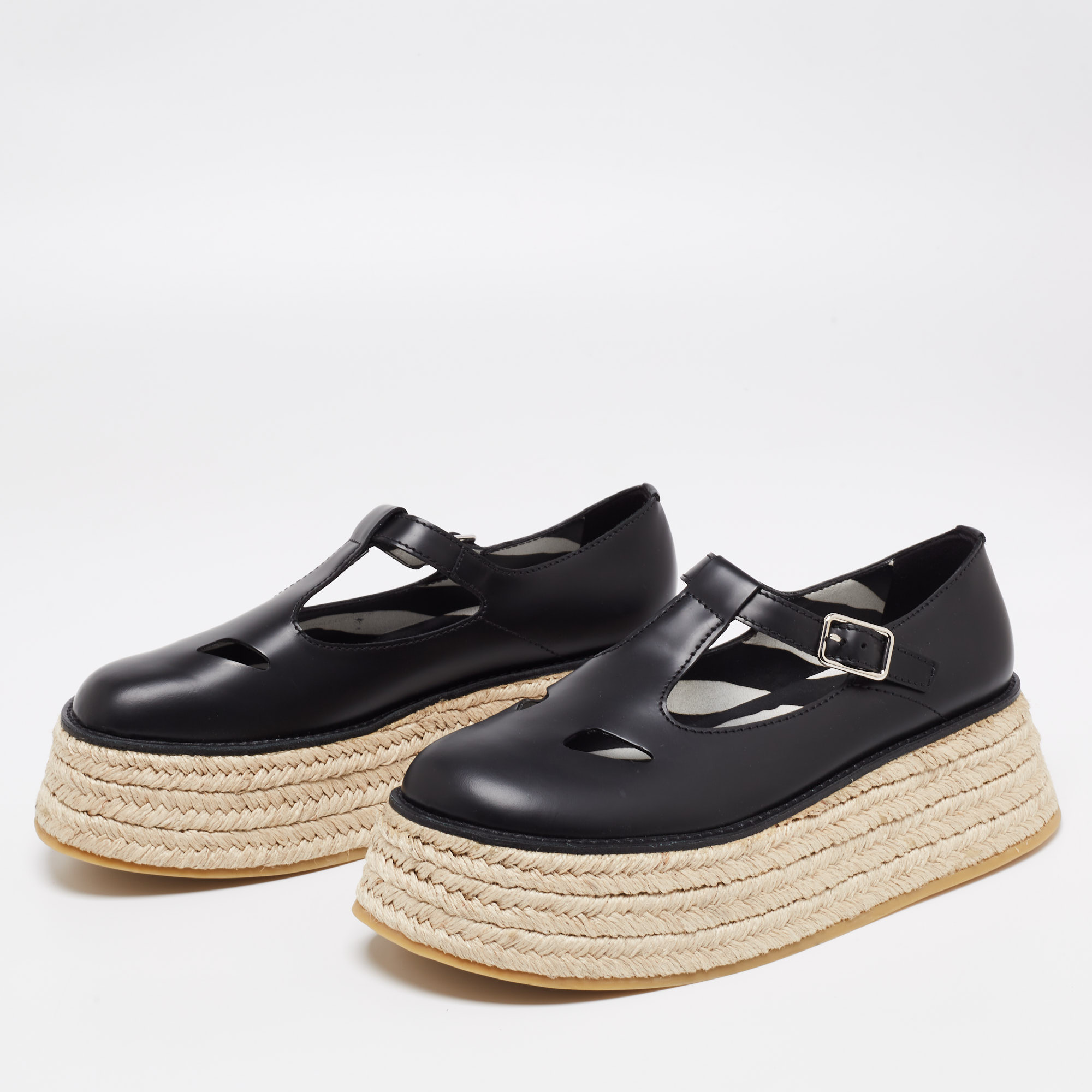 

Burberry Black Leather Aldwych Jute Platform Espadrille Flats Size