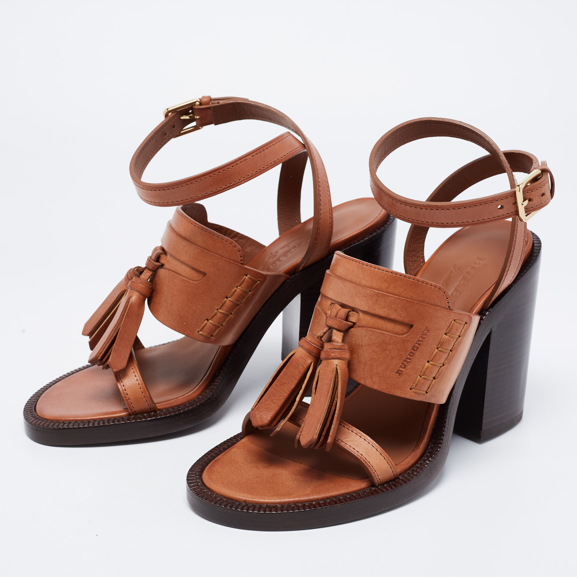 

Burberry Brown Leather Bethany Tassel Detail Block Heel Sandals Size