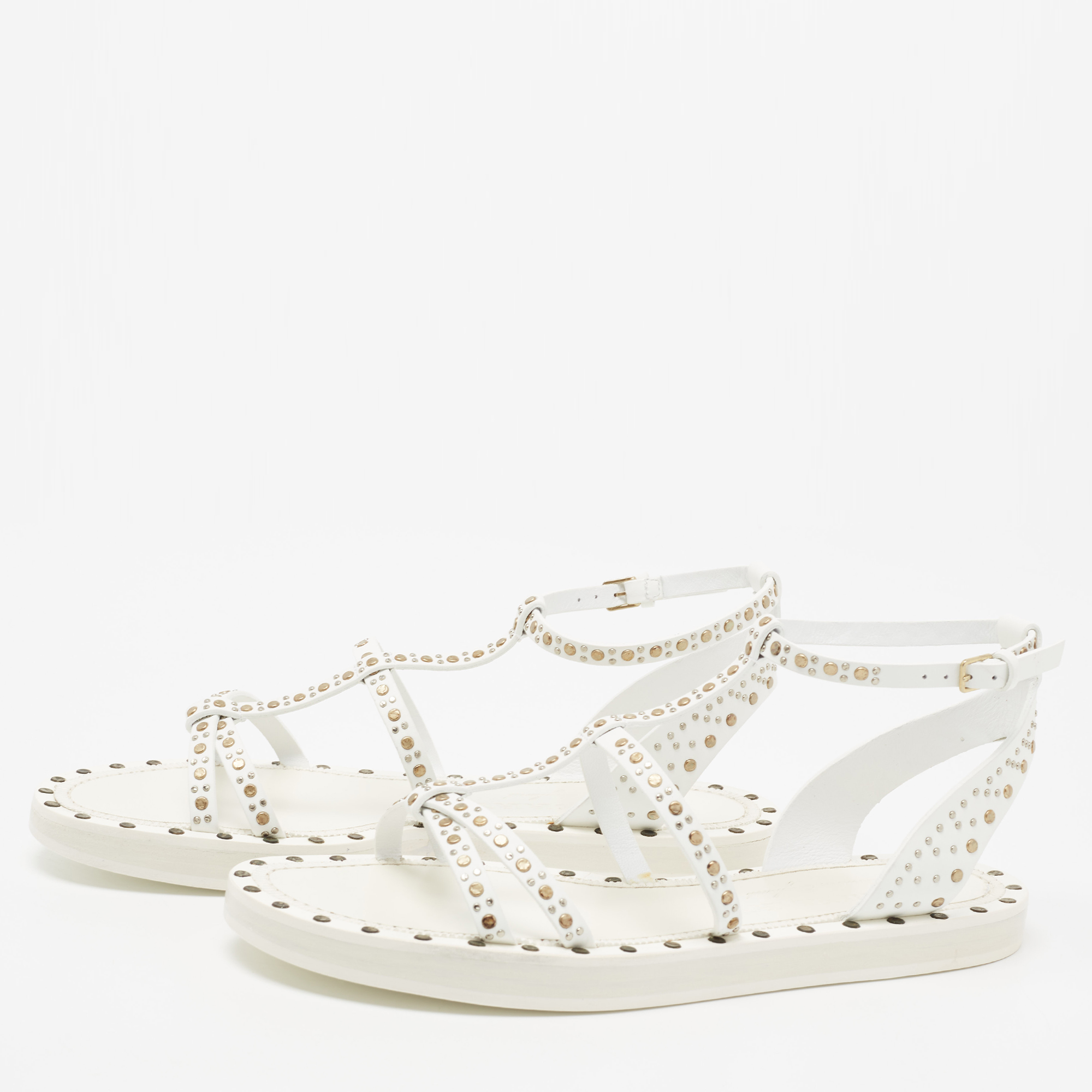 

Burberry White Leather Studded Hansel T-Strap Flat Sandals Size