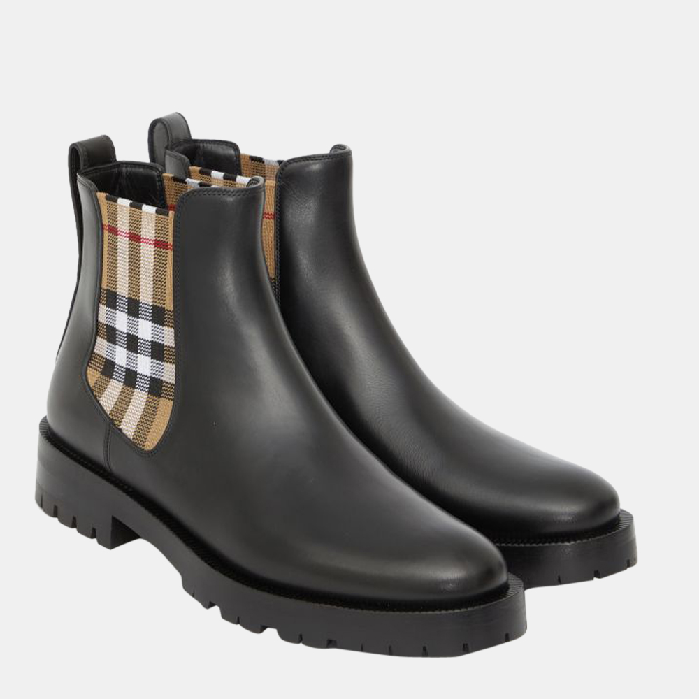 

Burberry Black Vintage Check Detail Leather Chelsea Boots Size EU