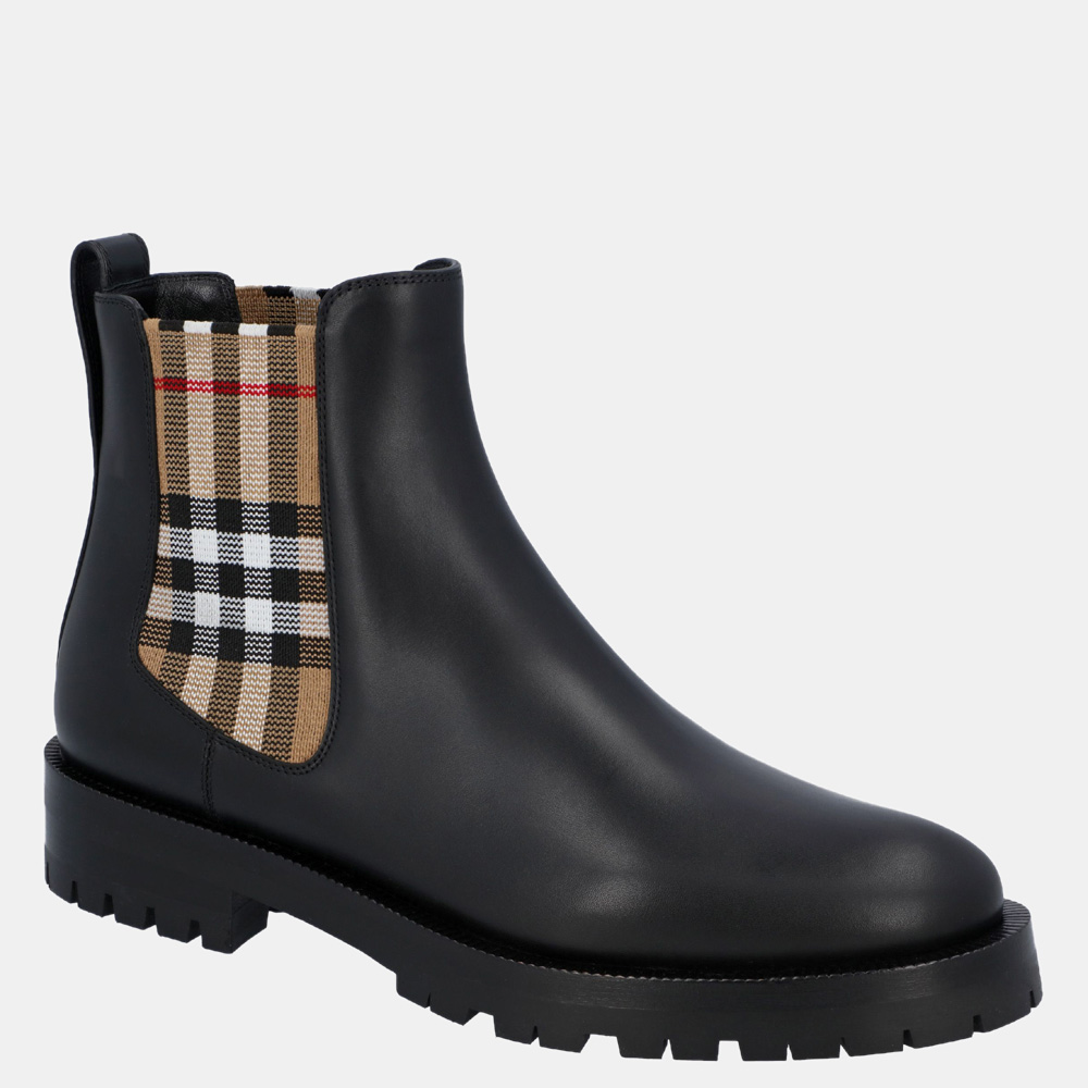 

Burberry Black Leather Vintage Check Detail Chelsea Boots Size EU