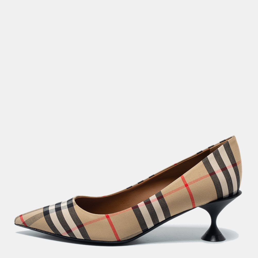 Pre Owned Burberry Beige Nova Check Fabric Pointed Toe Pumps Size 37
