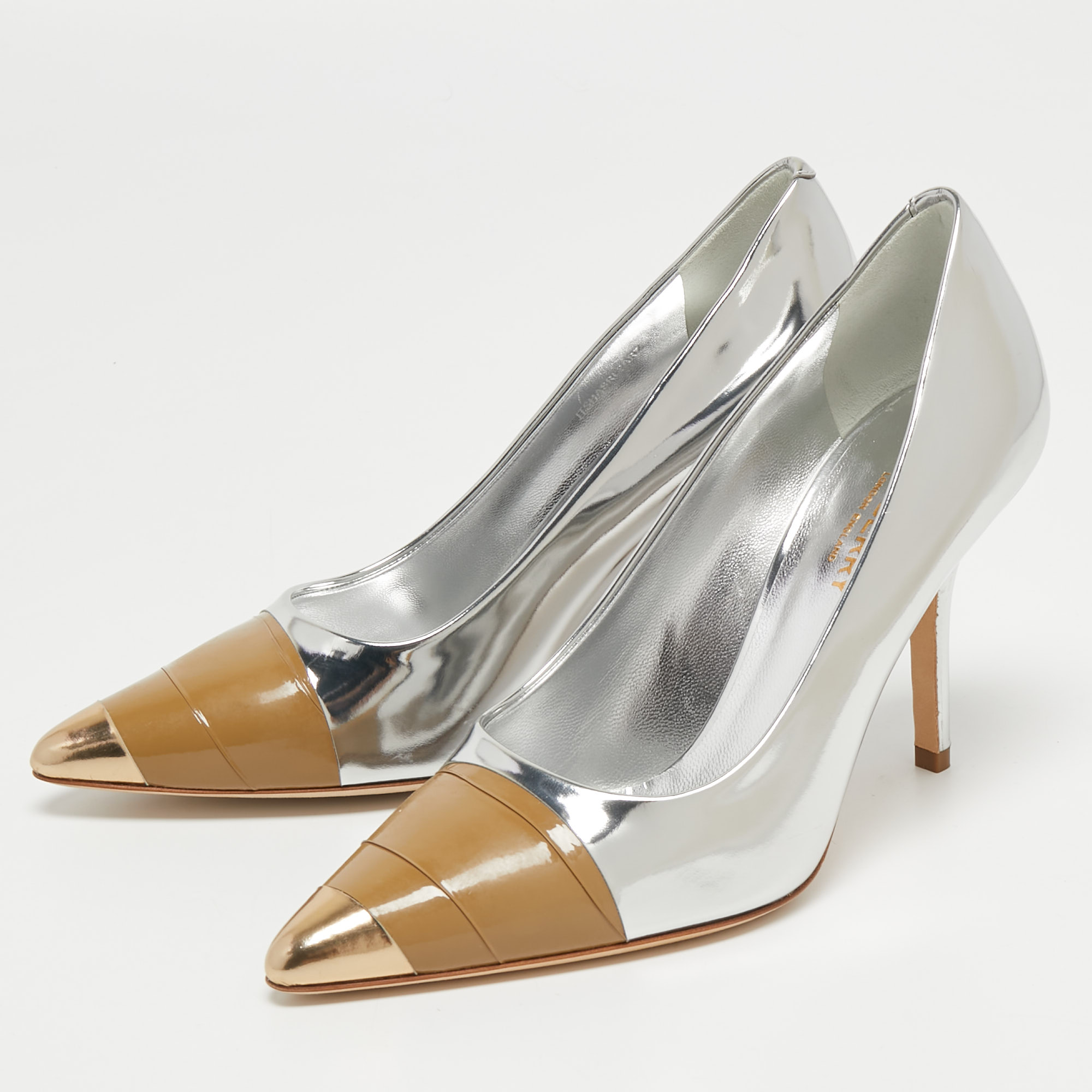 

Burberry Silver/Brown Mirrored Leather Annalise Pumps Size