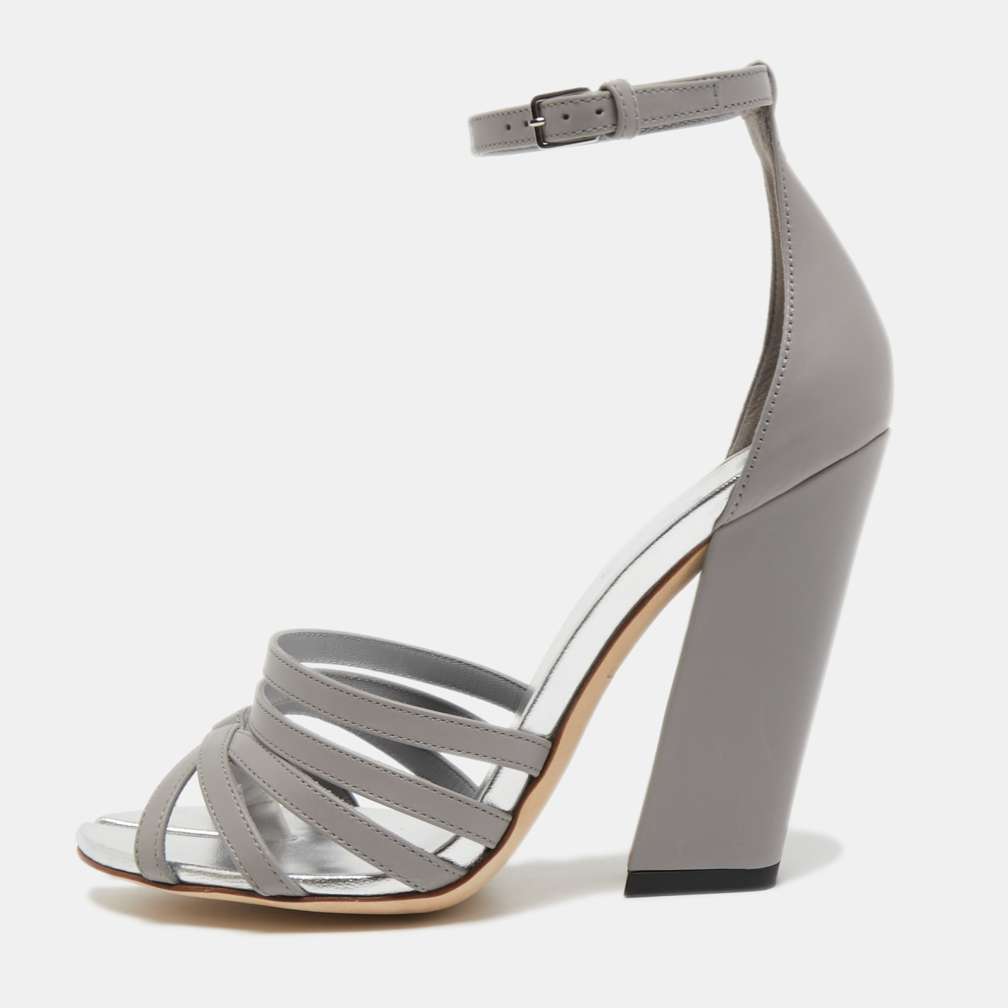 Pre-owned Burberry Grey Leather Hovehigh Ankle Sandals Size 37