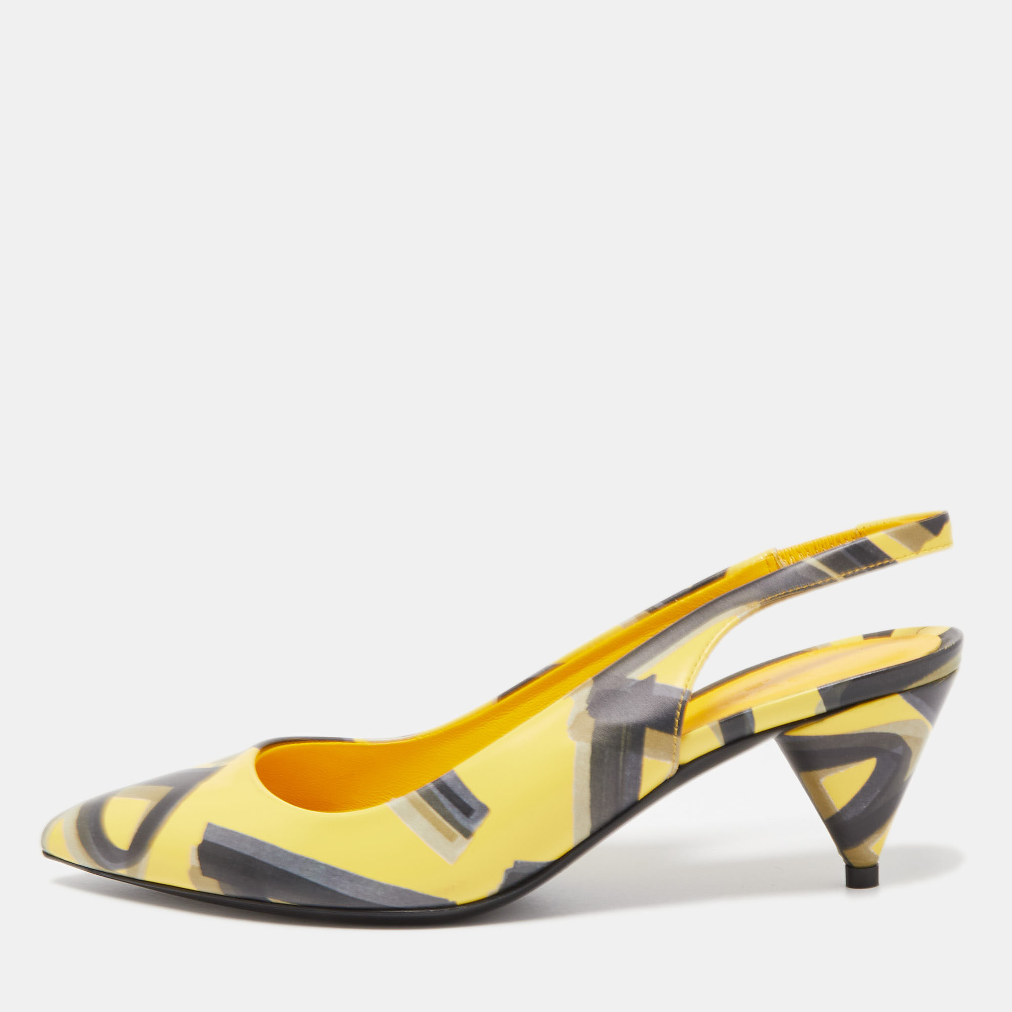 Pre-owned Burberry Yellow/black Printed Leather Morson Slingback Pumps Size 36.5