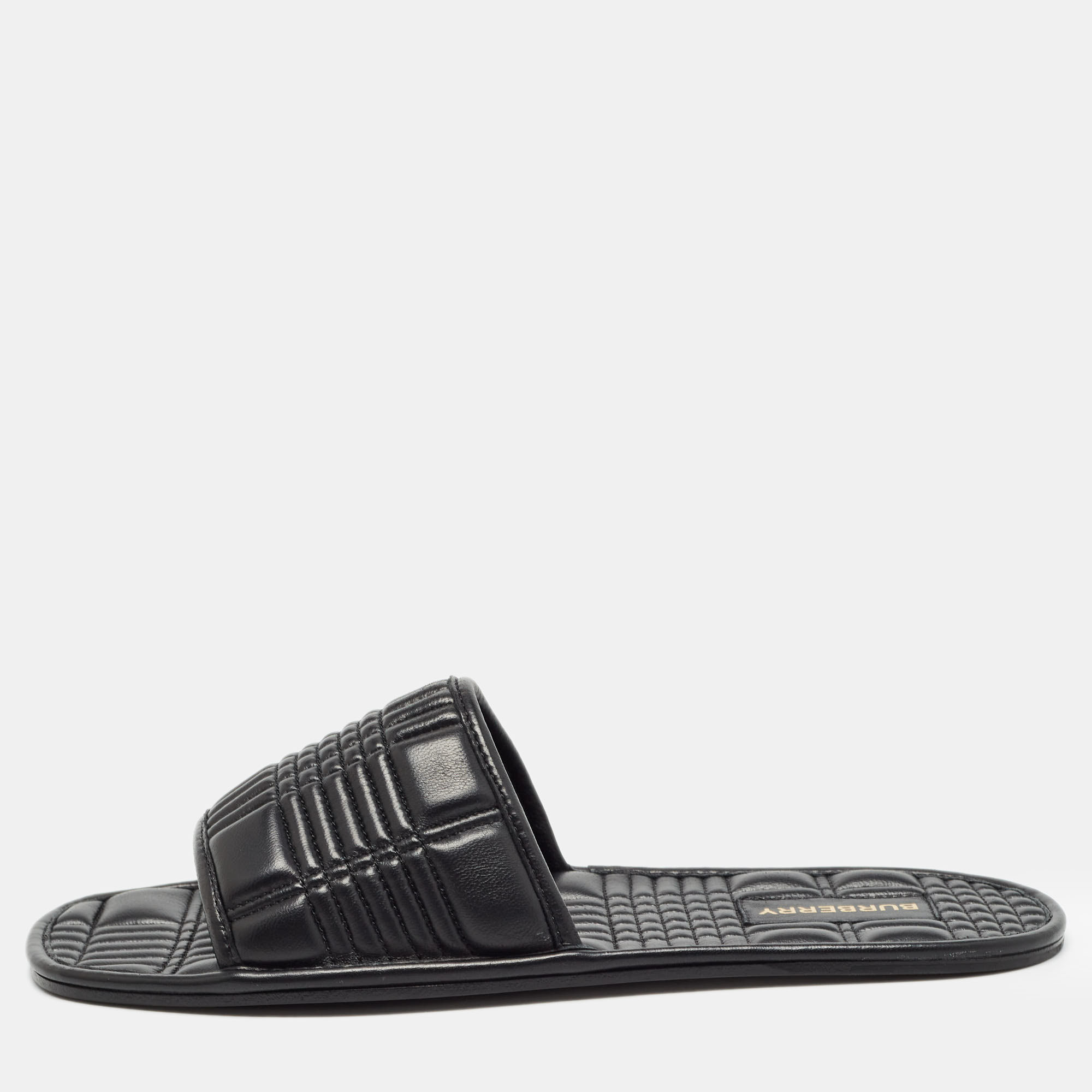 Pre-owned Burberry Black Quilted Leather Alixa Flat Slides Size 38