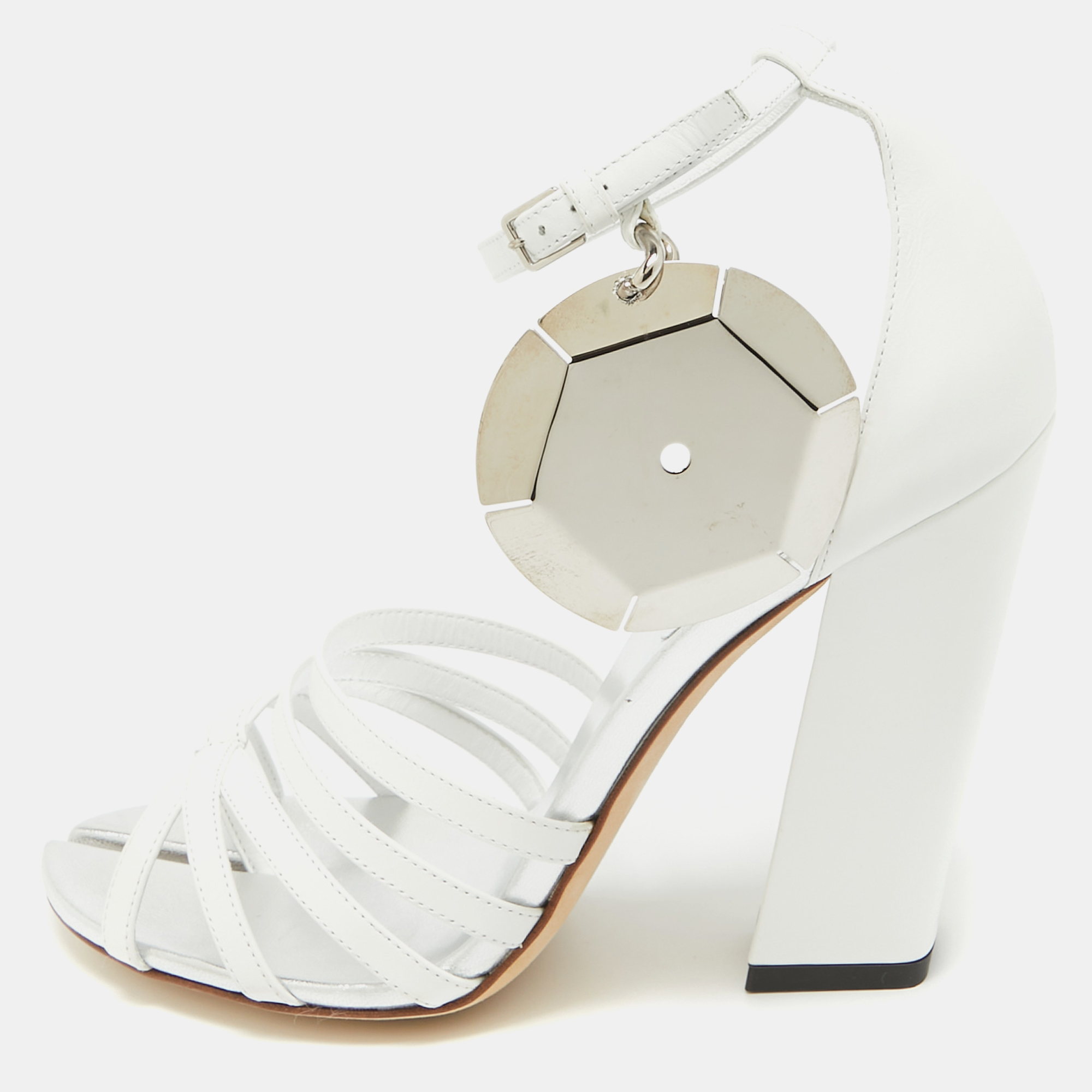 

Burberry Grey/White Leather Block Heel Ankle Strap Sandals Size