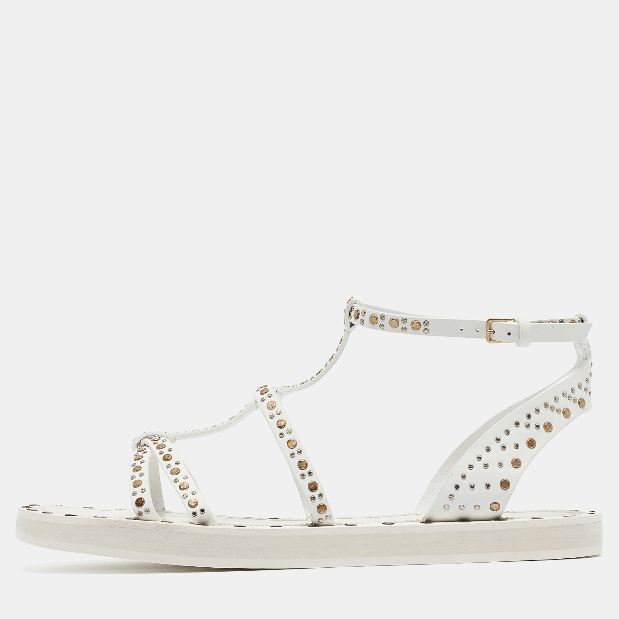 Burberry White Leather Studded Hansel Flat Sandals Size 39.5