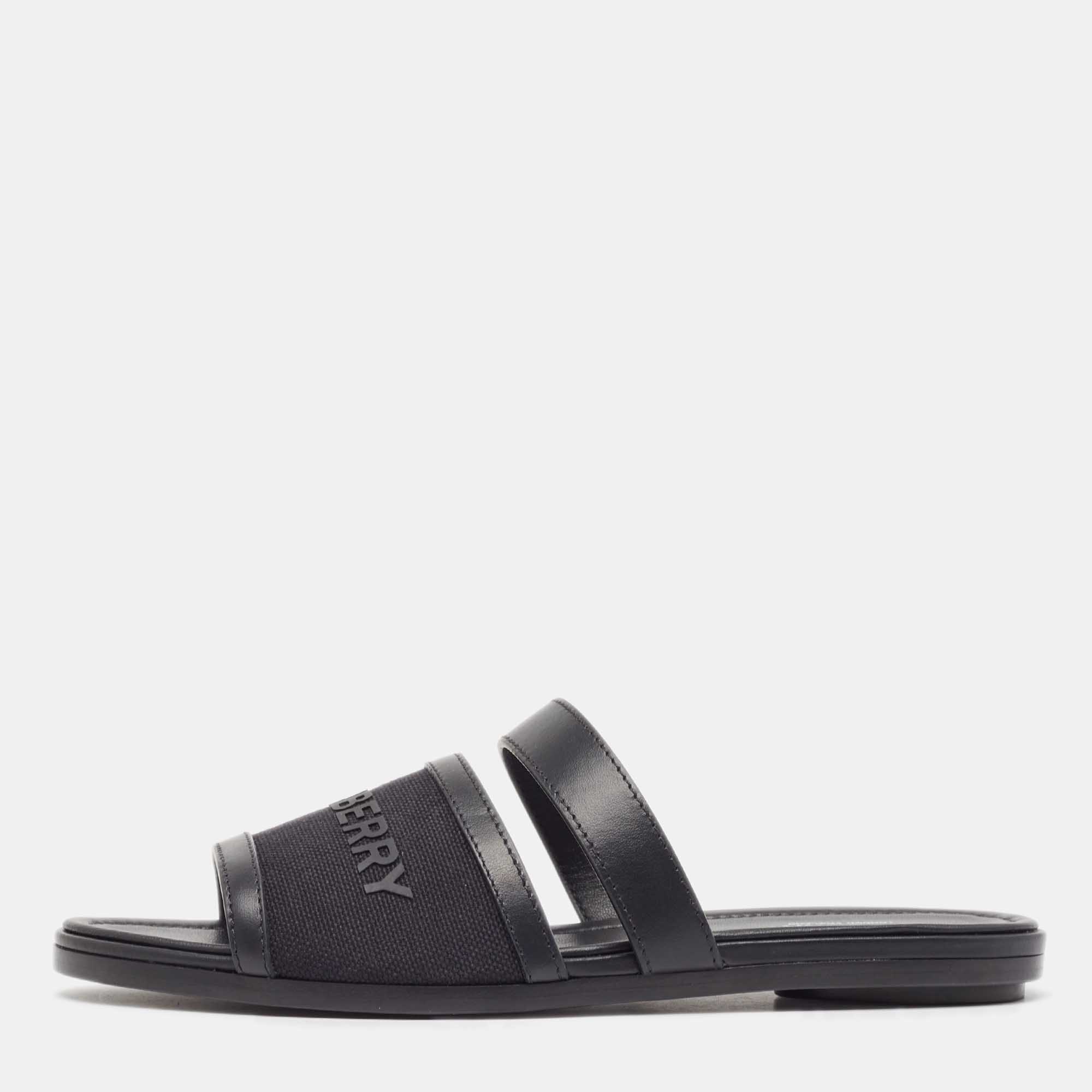 

Burberry Black Leather and Canvas Honour Flat Sandals Size