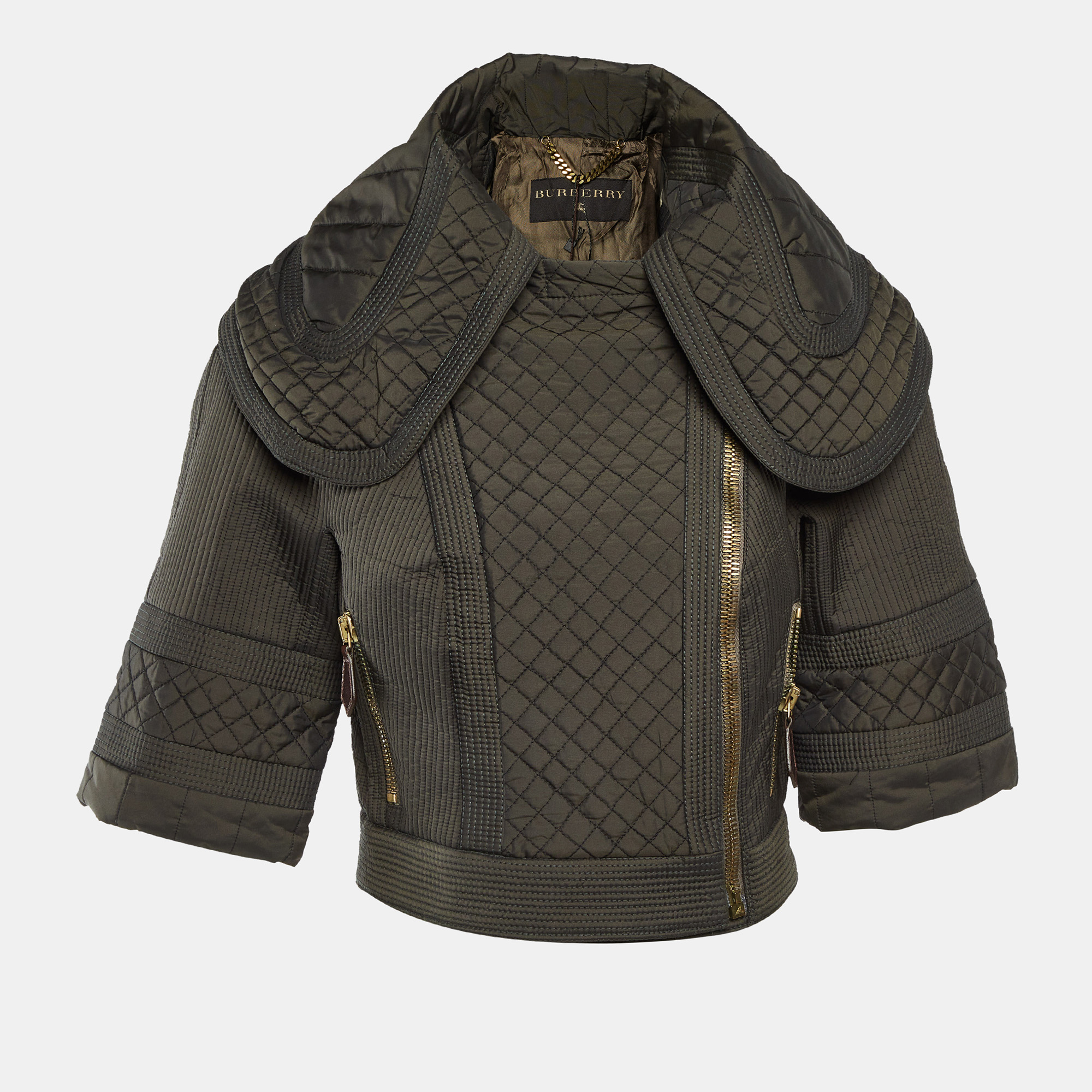 

Burberry Prorsum Greenish Grey Synthetic Quilted Zip-Up Jacket M
