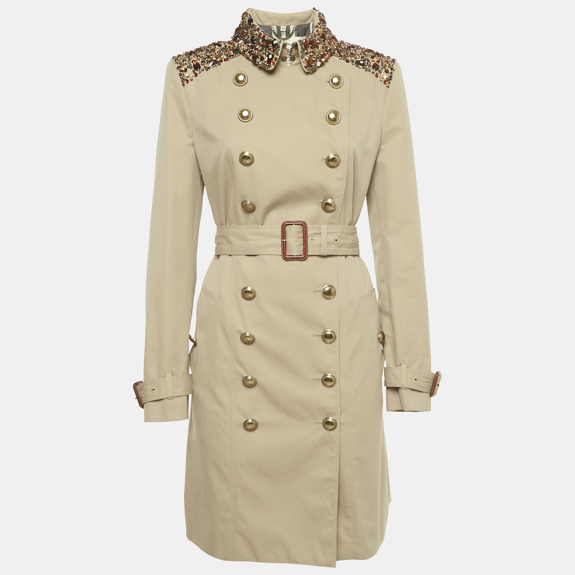 Pre-owned Burberry Prorsum Beige Embellished Cotton Gabardine Trench Coat M In Sand