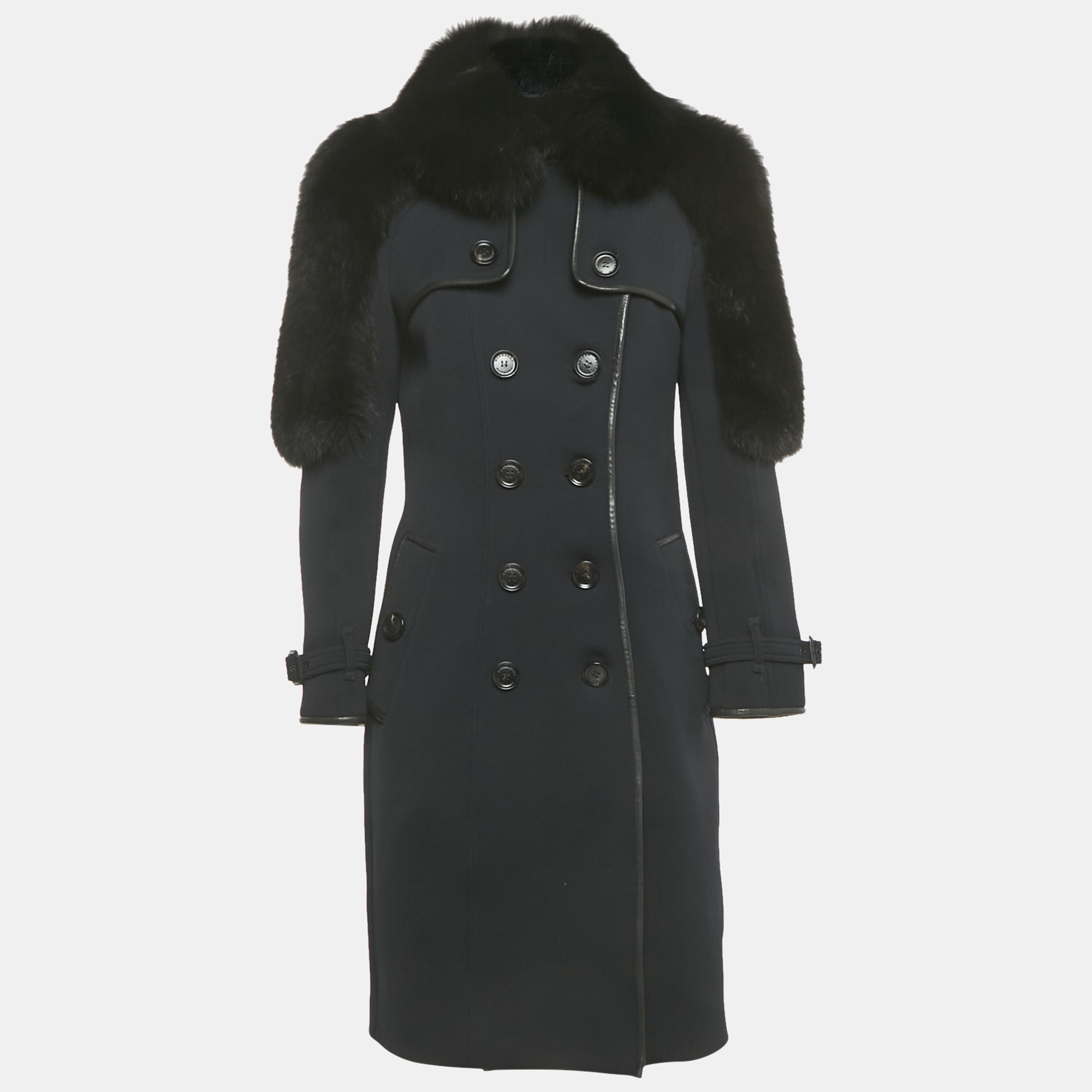 

Burberry Prorsum Navy Blue Gabardine Fur Trim Trench Coat S