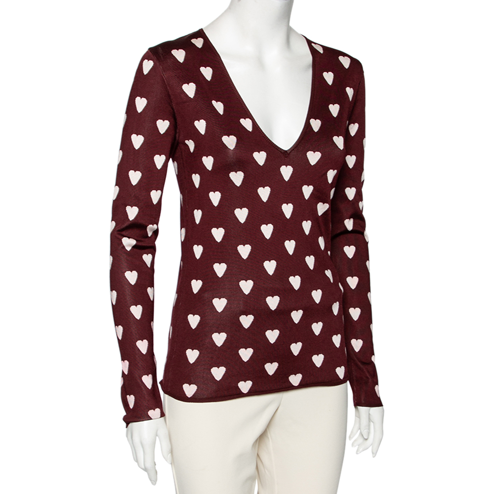 

Burberry Prorsum Burgundy Heart Print Knit & Silk Sweater