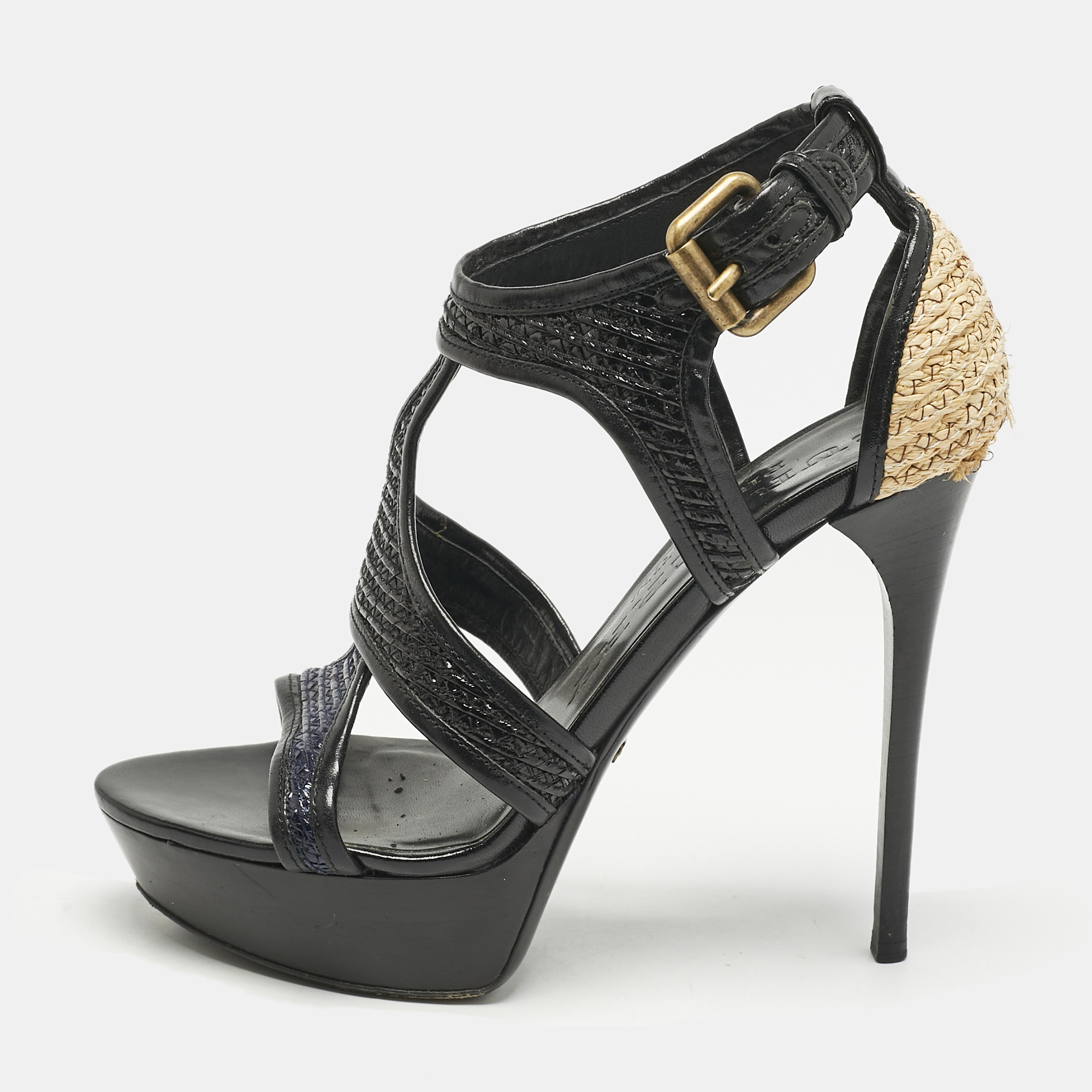 

Burberry Black/Beige Leather and Raffia Prorsum Platform Sandals Size