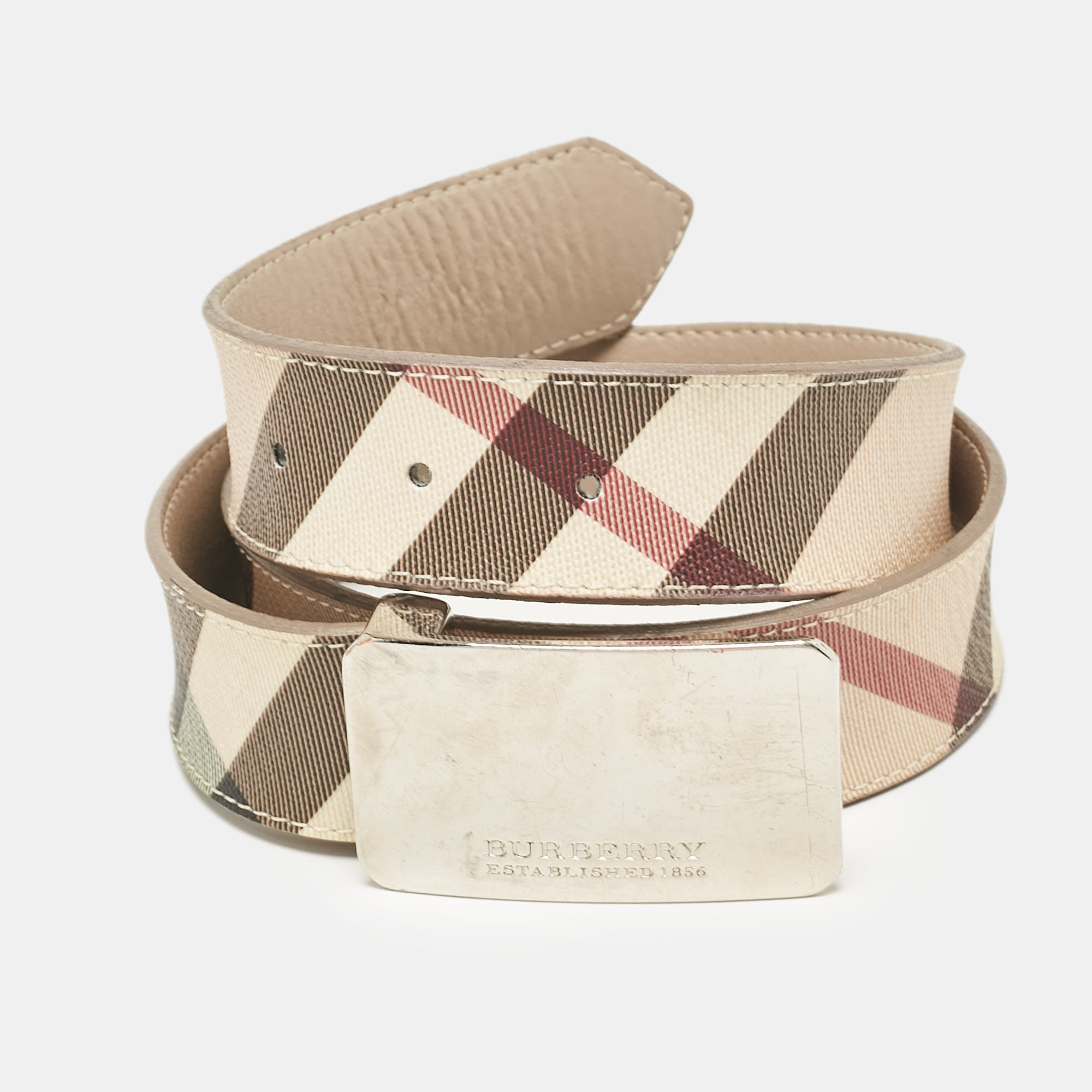 

Burberry Beige Nova Check PVC and Leather Logo Plague Belt 100CM