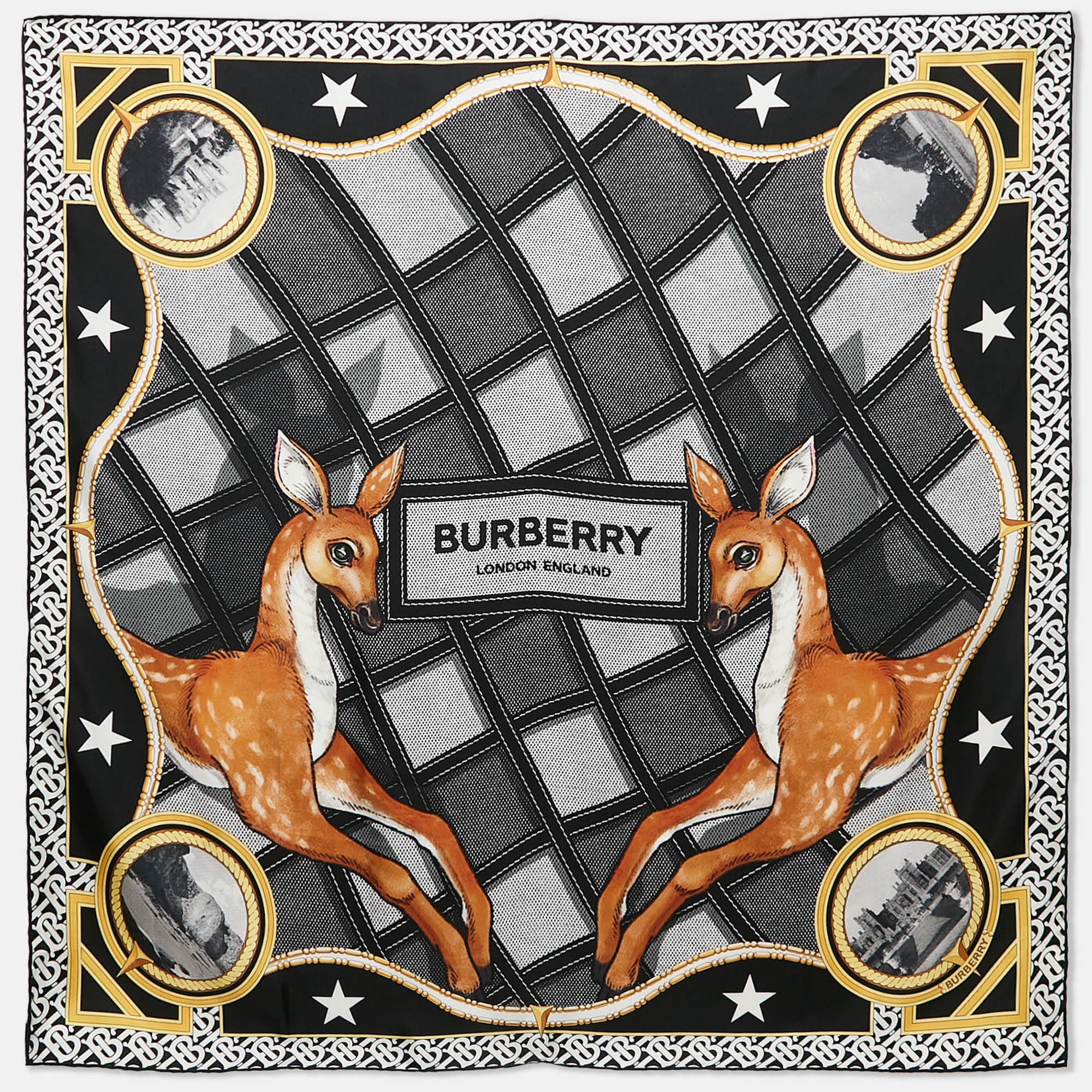 

Burberry Black/Yellow Deer Print Silk Square Scarf