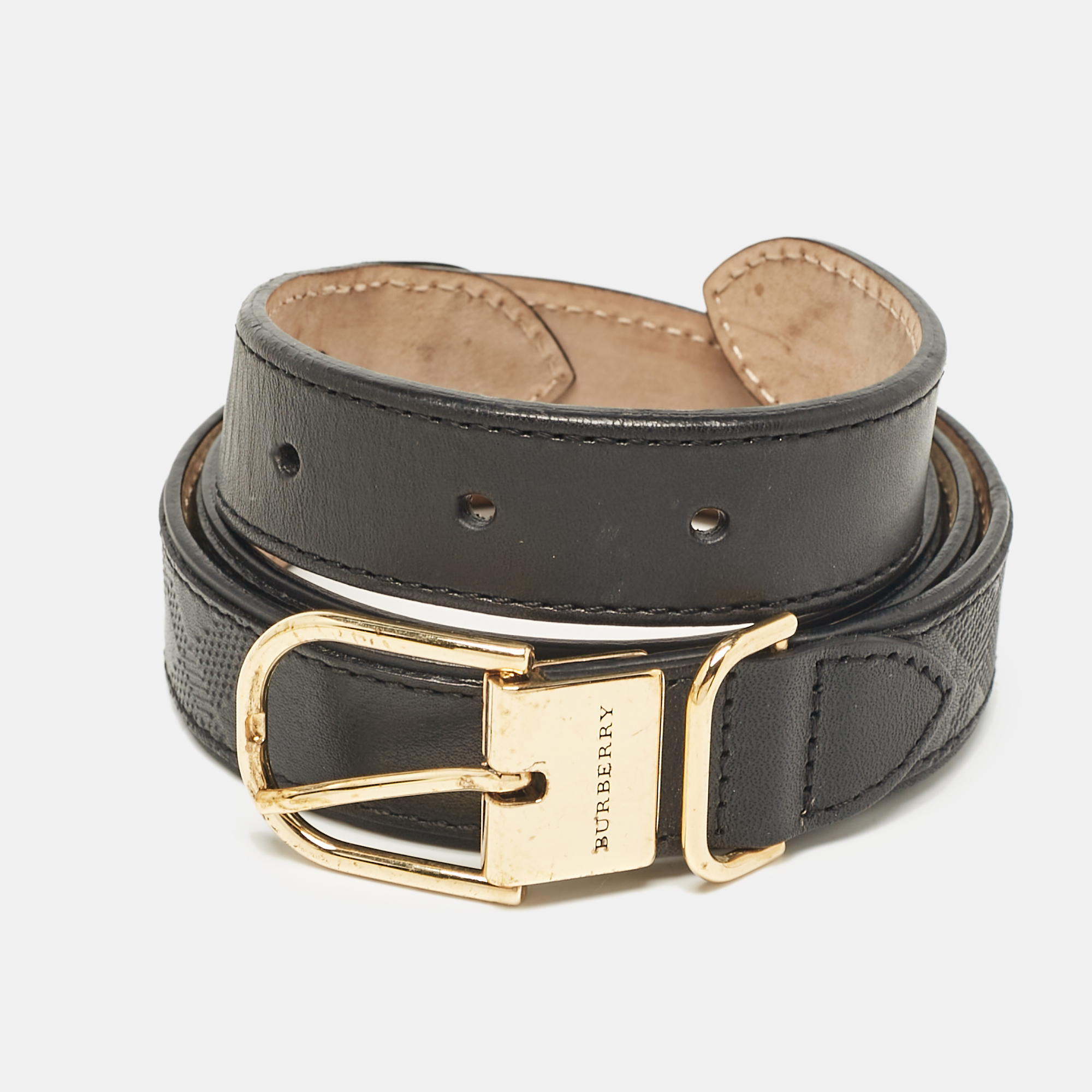 

Burberry Black Check Embossed Leather Slim Belt