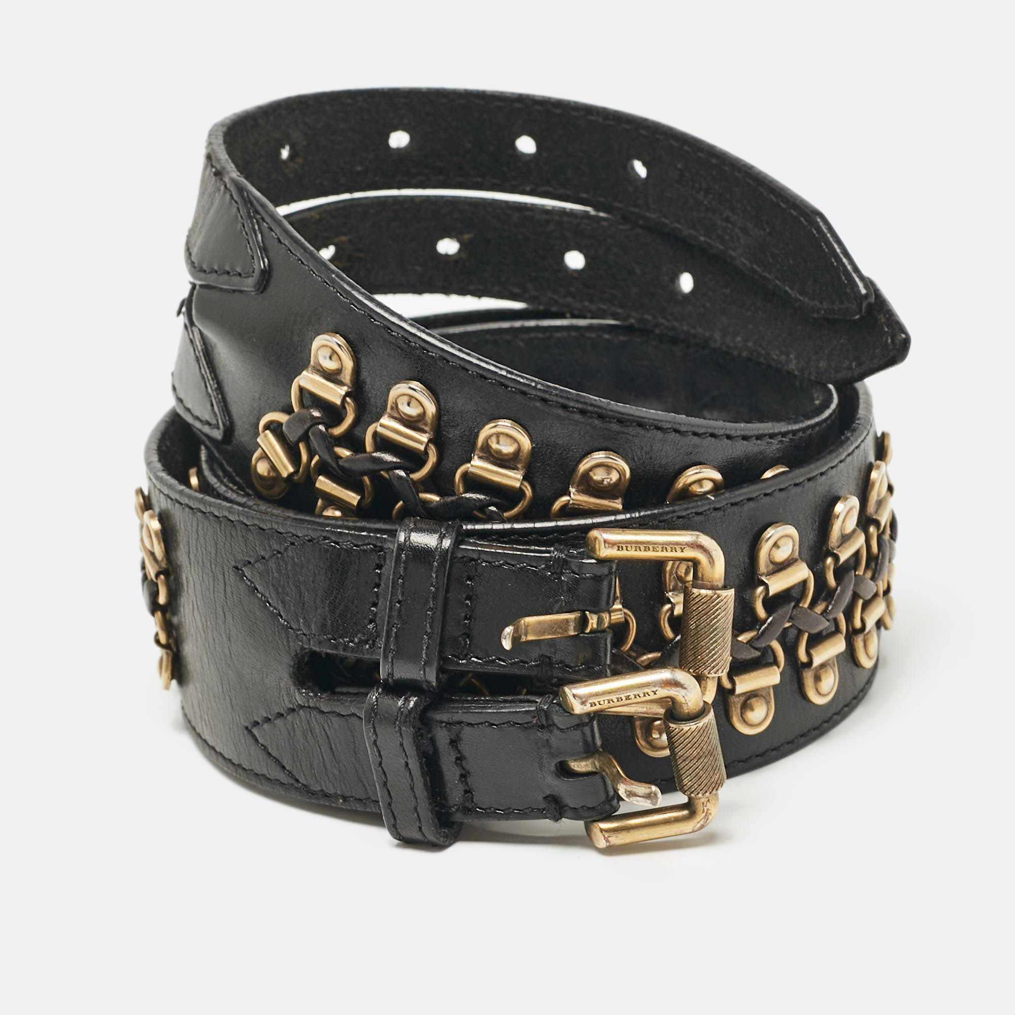 

Burberry Black Leather Studded Double Buckle Wide Belt 90CM