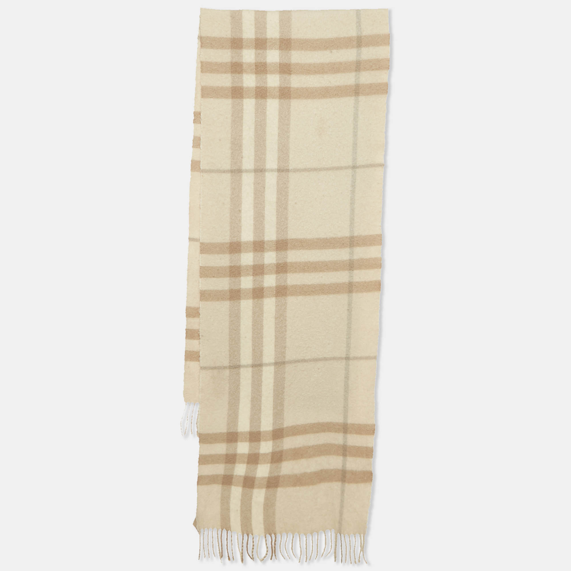 

Burberry Beige Checked Cashmere Fringed Scarf