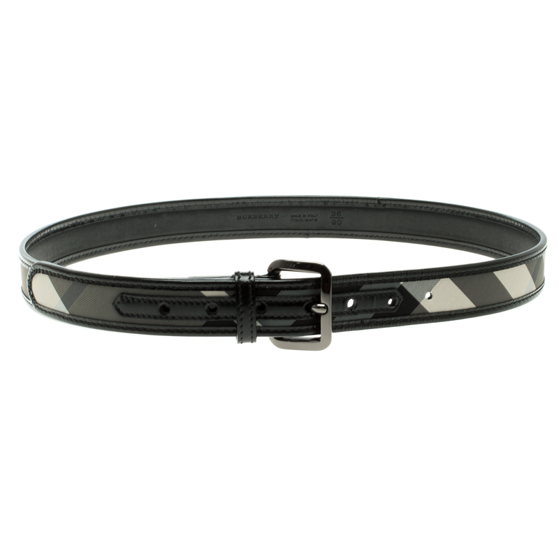 Burberry Black Smoked Check Nylon and Leather  Trim Belt Size 90CM