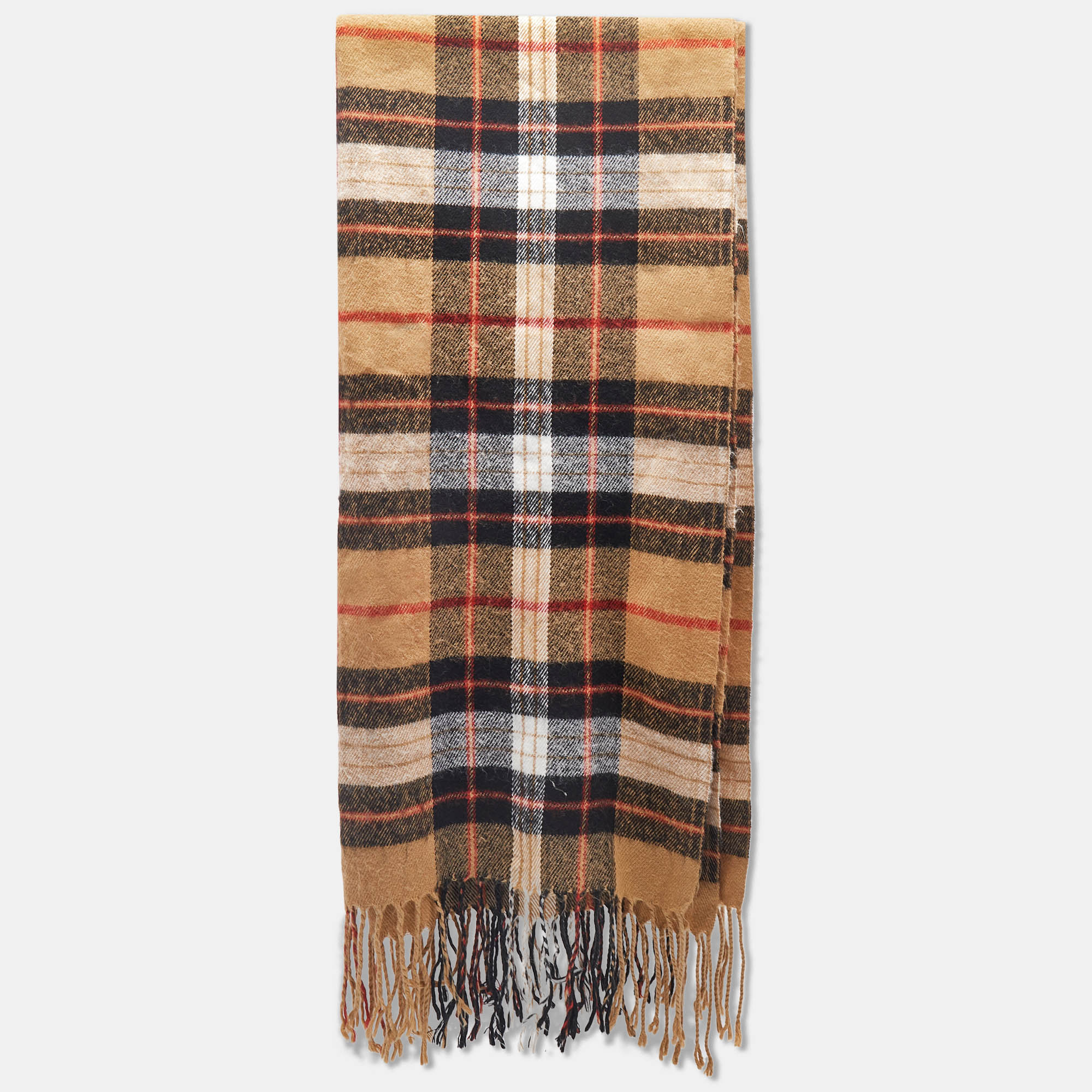 

Burberry Vintage Beige Check Pattern Wool Fringed Scarf