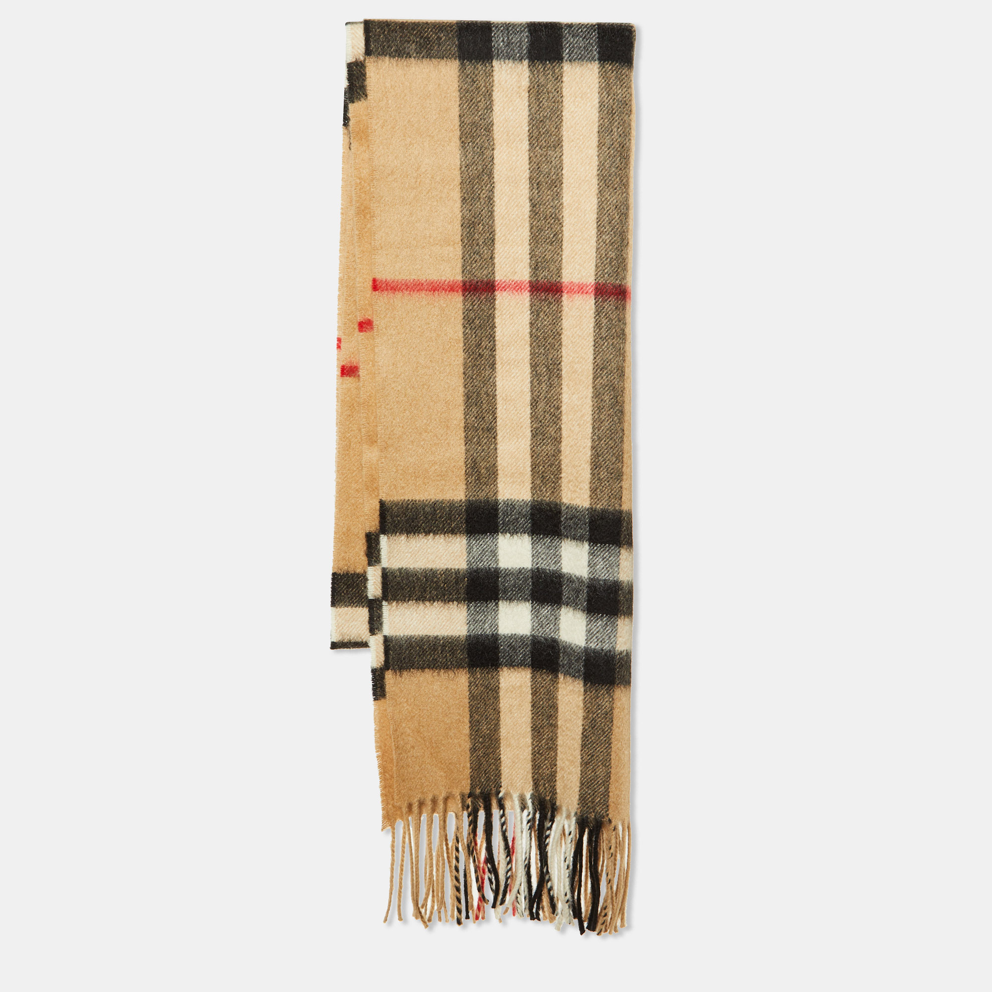 

Burberry Beige Checked Cashmere Fringed Scarf