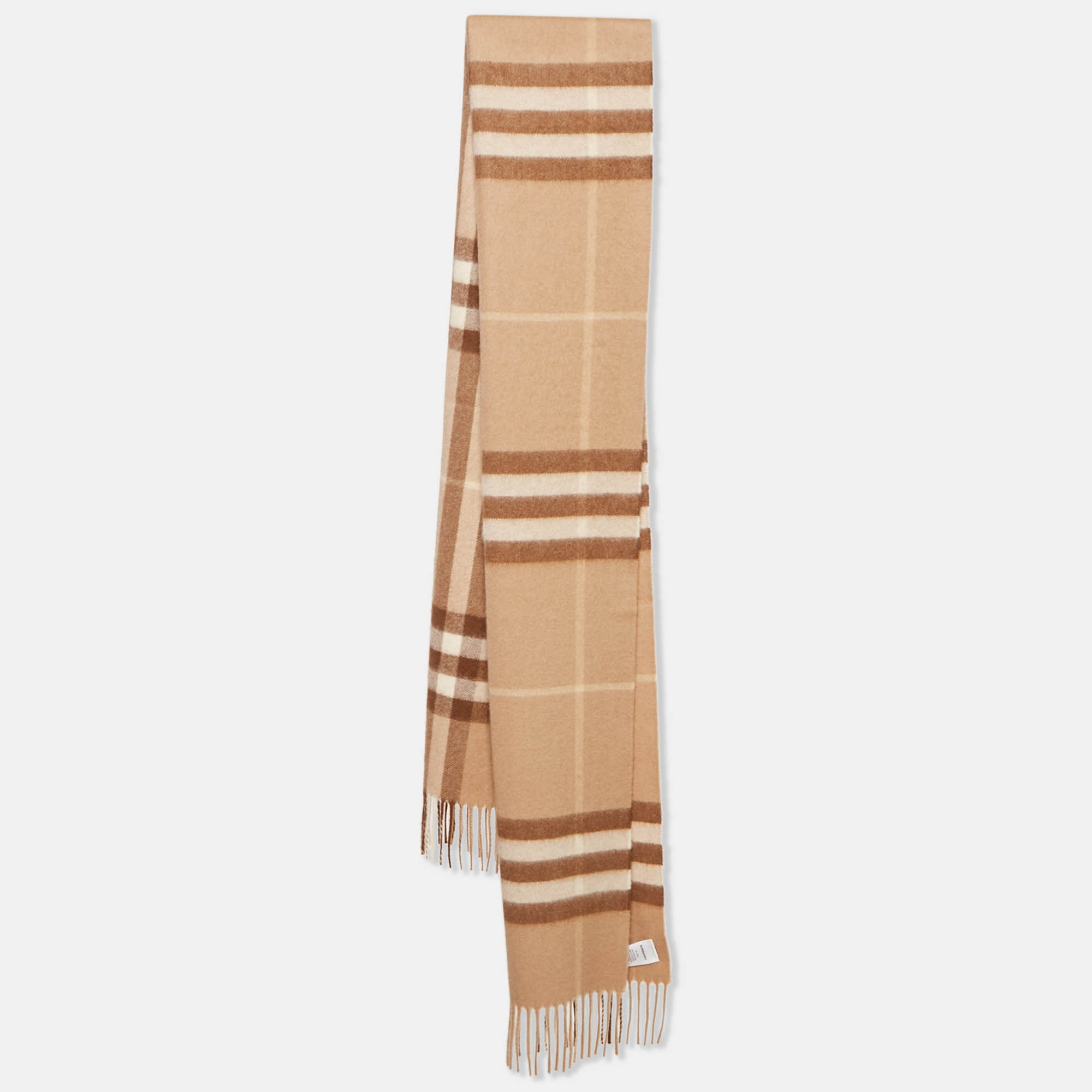 

Burberry Camel Brown Classic Check Cashmere Fringed Muffler