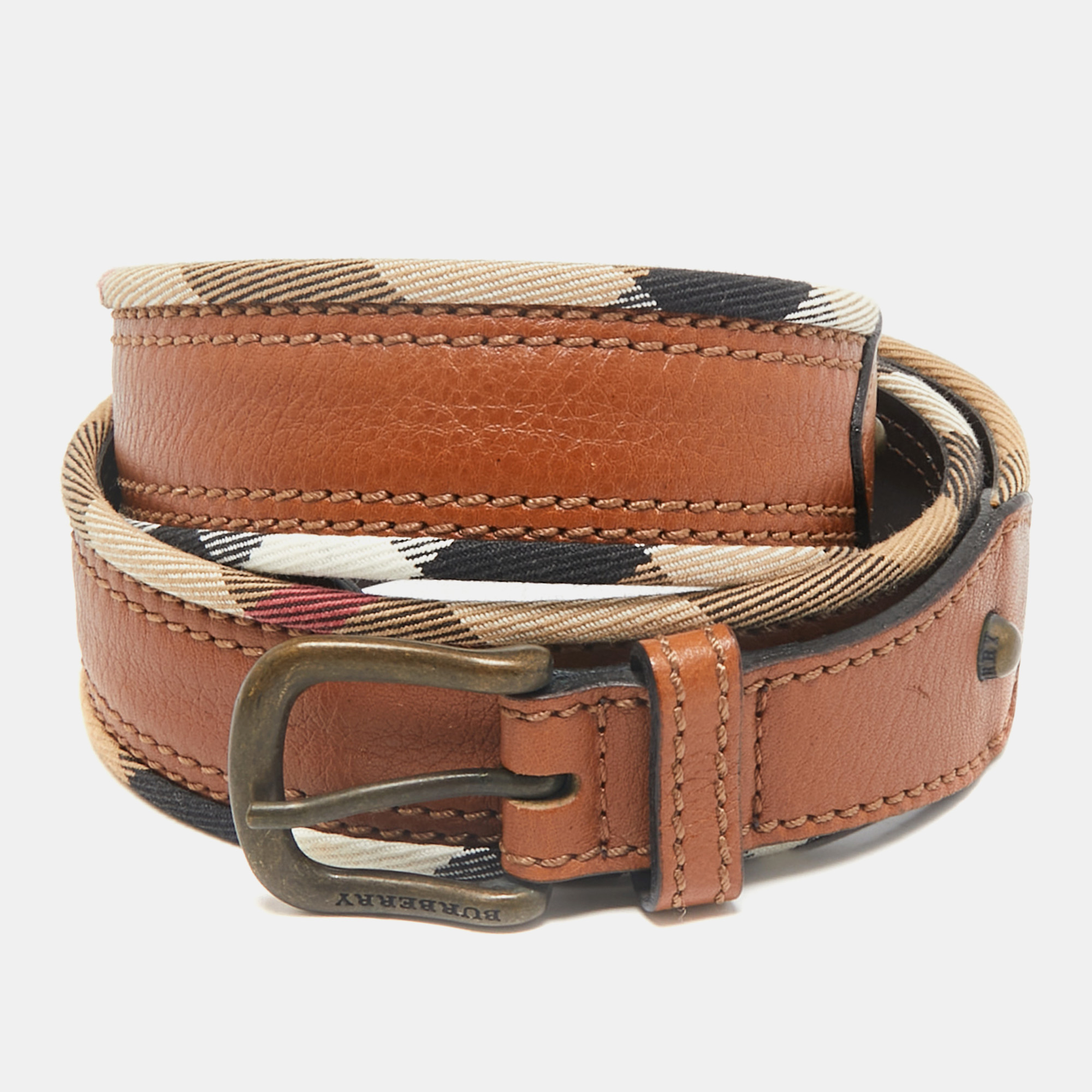 

Burberry Brown/Beige Housecheck Canvas and Leather Buckle Belt 90CM