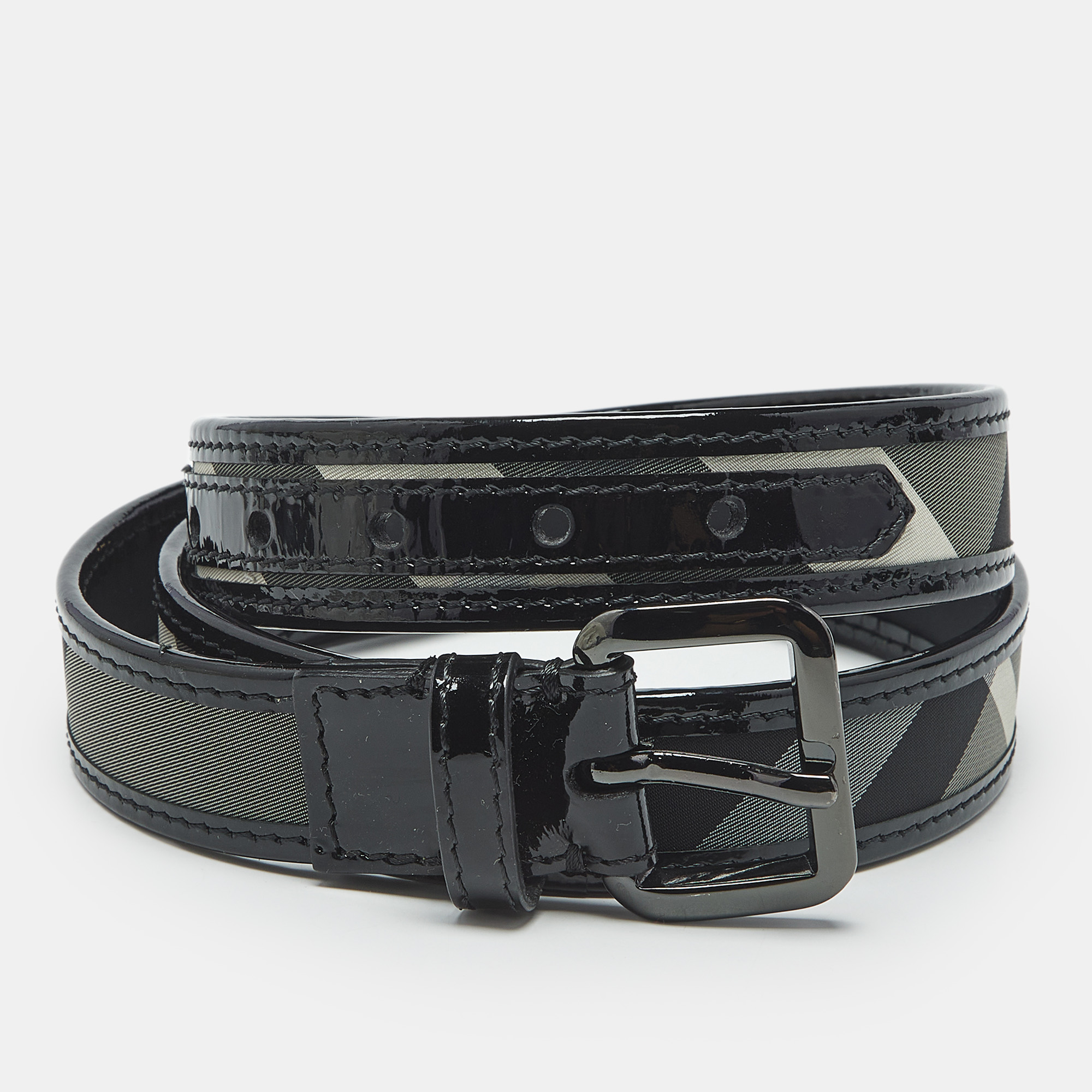 Pre-owned Burberry Black Beat Check Coated Canvas And Patent Leather Buckle Belt 90 Cm