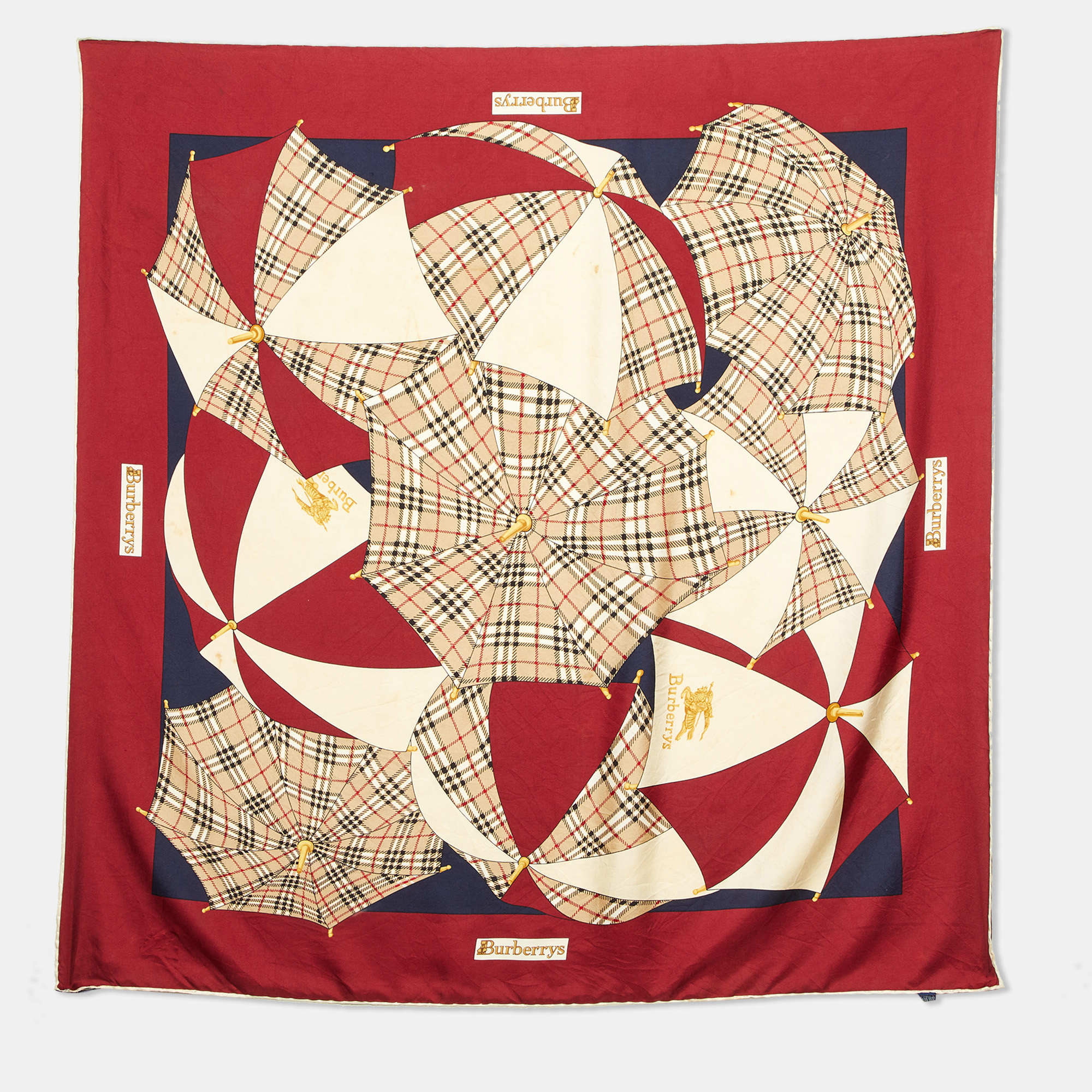 

Burberrys' Vintage Burgundy Nova Check Umbrella Print Silk Scarf