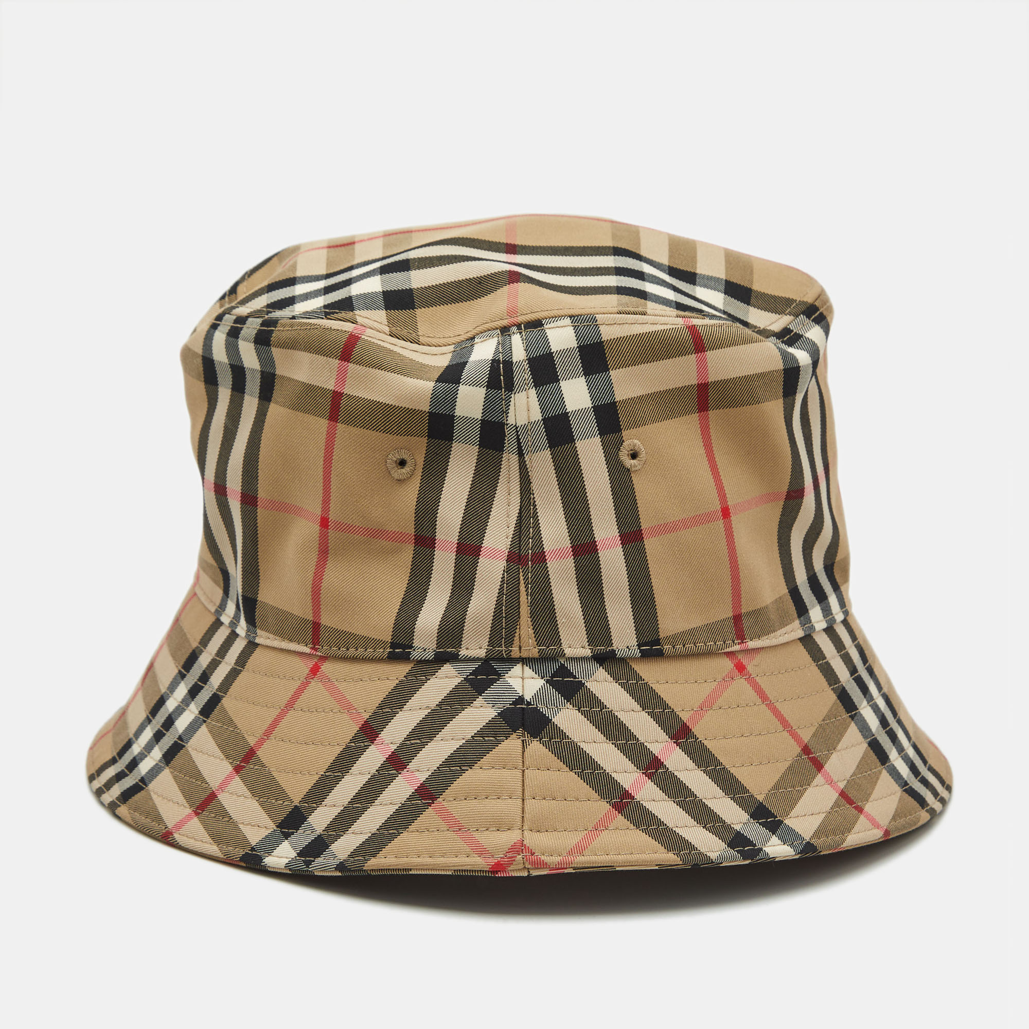 Pre-owned Burberry Brown Checks Cotton Blend Bucket Hat L In Sand