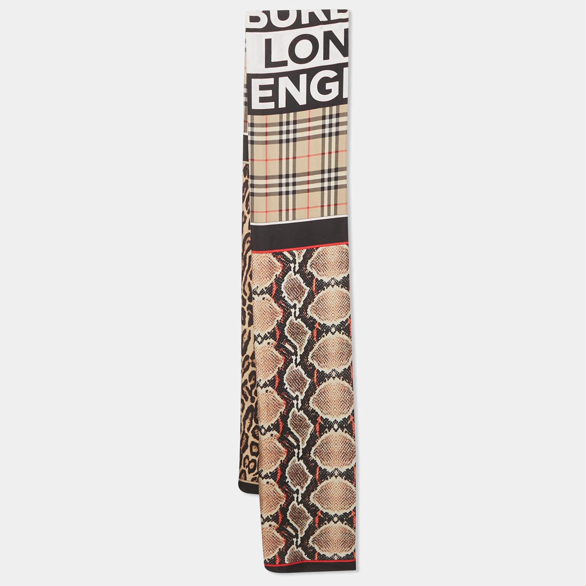 Pre-owned Burberry Beige Leopard & Snake Print Silk Checkered Scarf In Brown