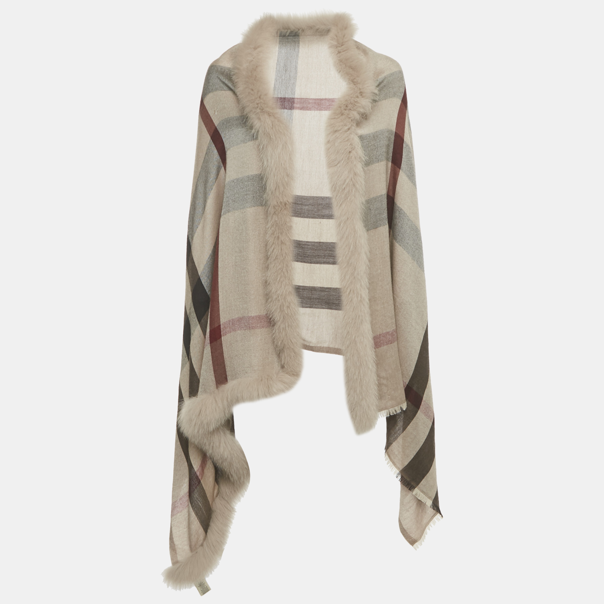 

Burberry Beige Fox Fur Trim Checked Cashmere Shawl